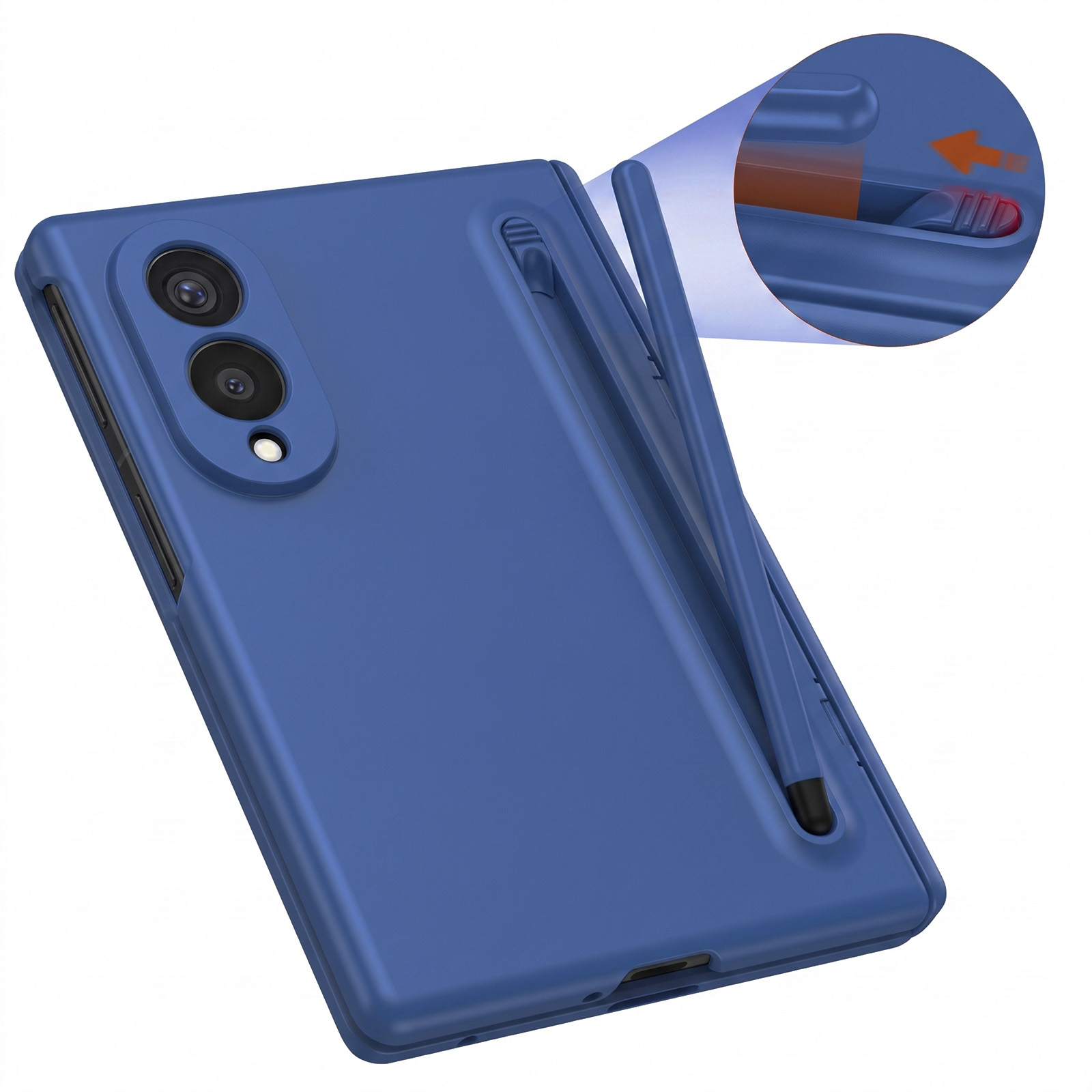 Blaue Smartphone-Hülle mit Kameraausschnitt und Stifthalter, Inlay zeigt Schieberegler.