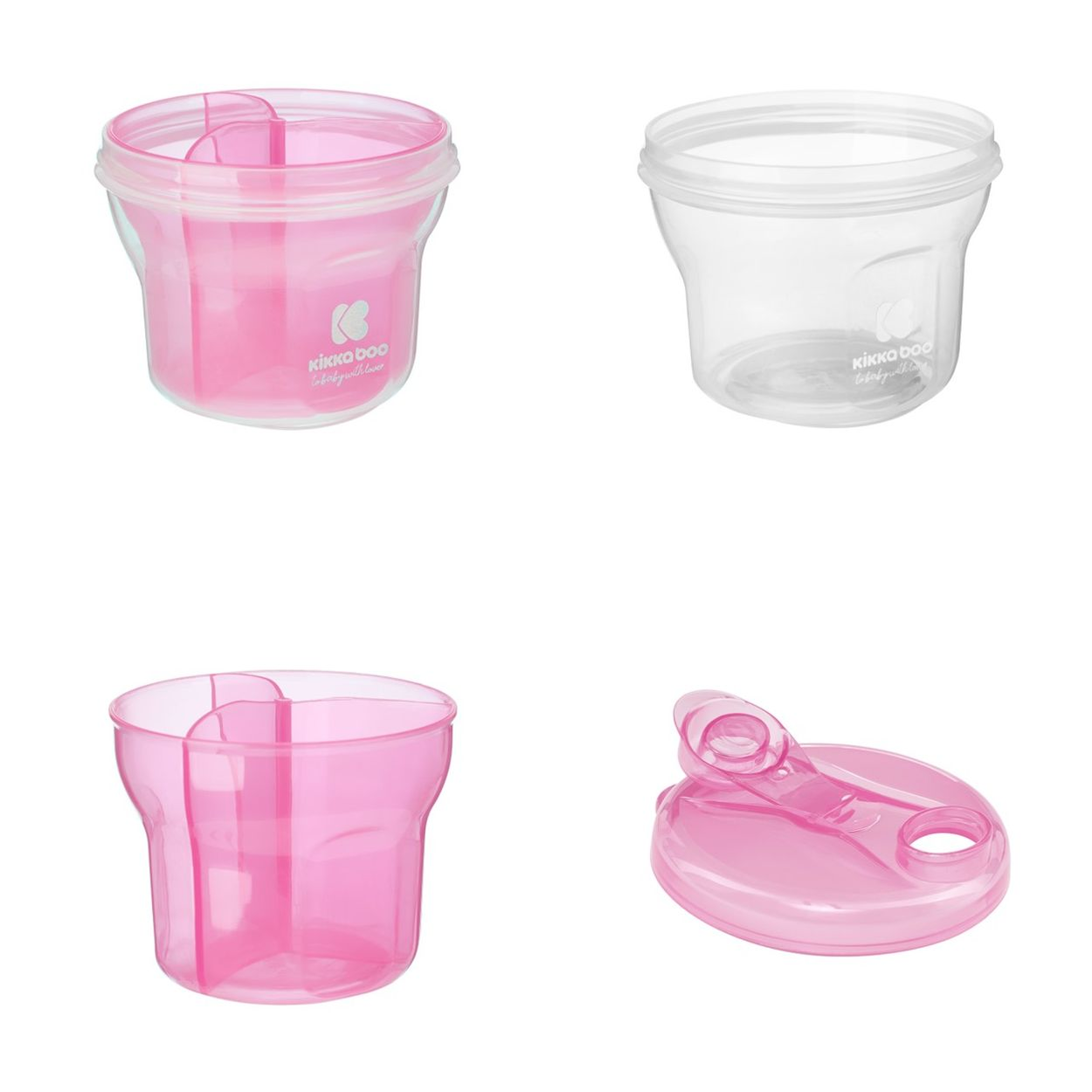 Vier Ansichten eines rosa Babynahrungsspenders und seines Deckels vor weißem Hintergrund.