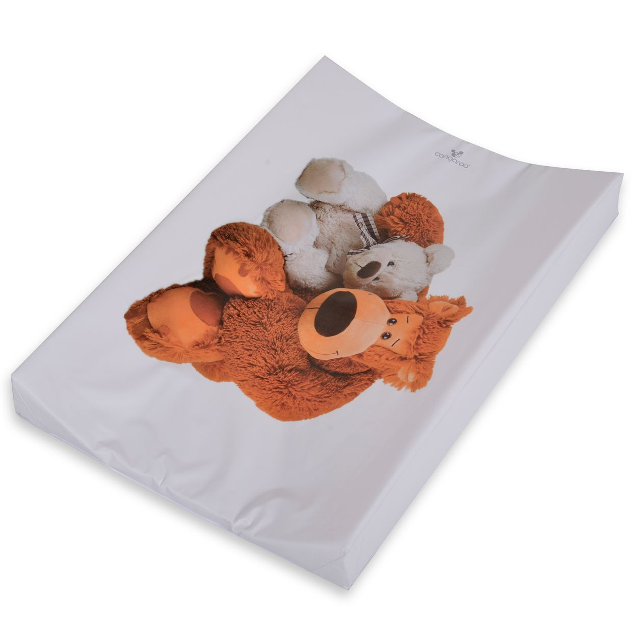 Eine weiße Wickelauflage mit einer großen Illustration von zwei Kuscheltieren, einem braunen Bären und einem hellen Koala.