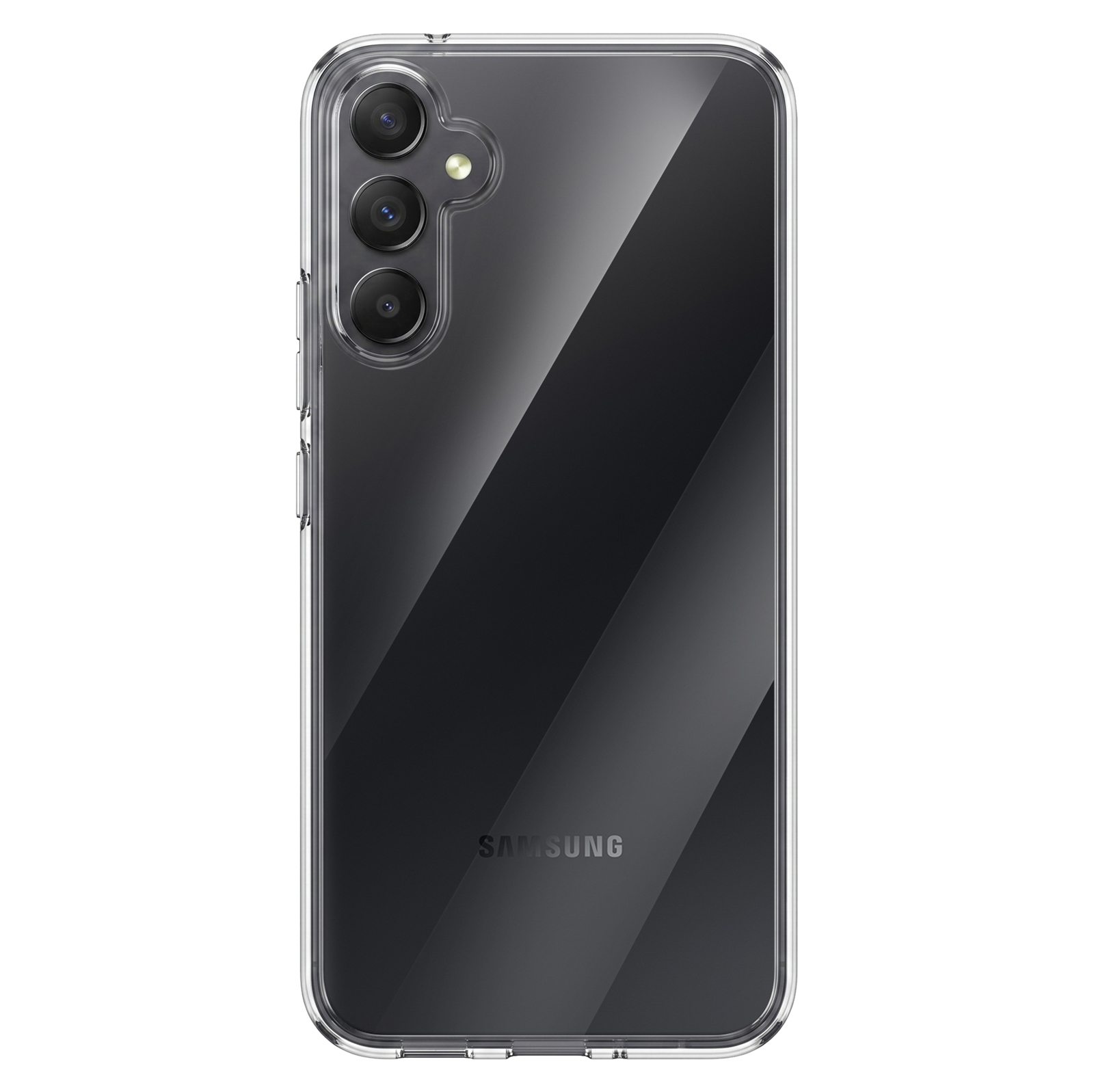 Rückseite eines schwarzen Samsung-Smartphones mit drei vertikalen Kameras in einer klaren Schutzhülle.