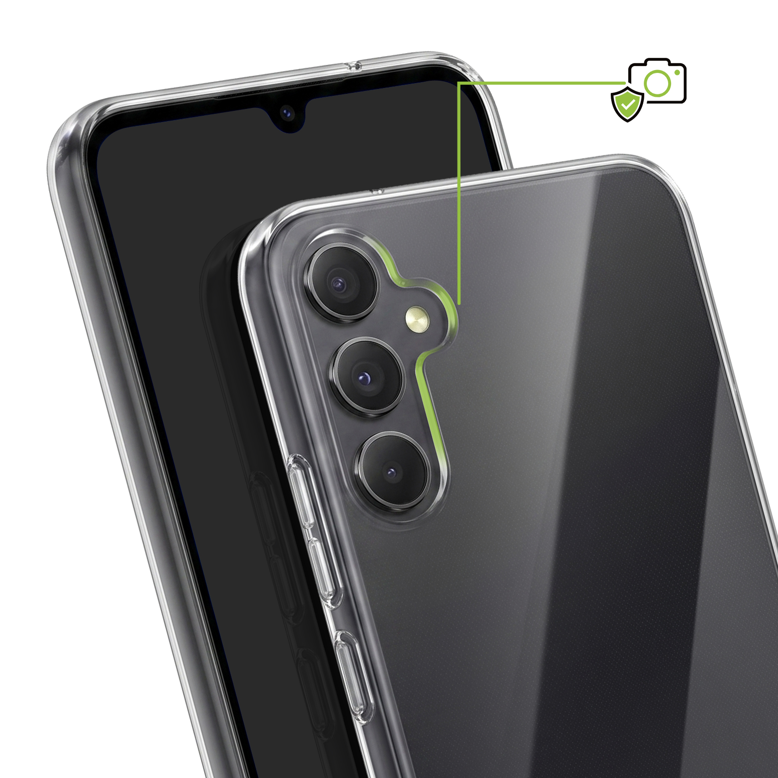 Ein Smartphone in einer transparenten Schutzhülle mit Fokus auf den erhöhten Kamerarand.