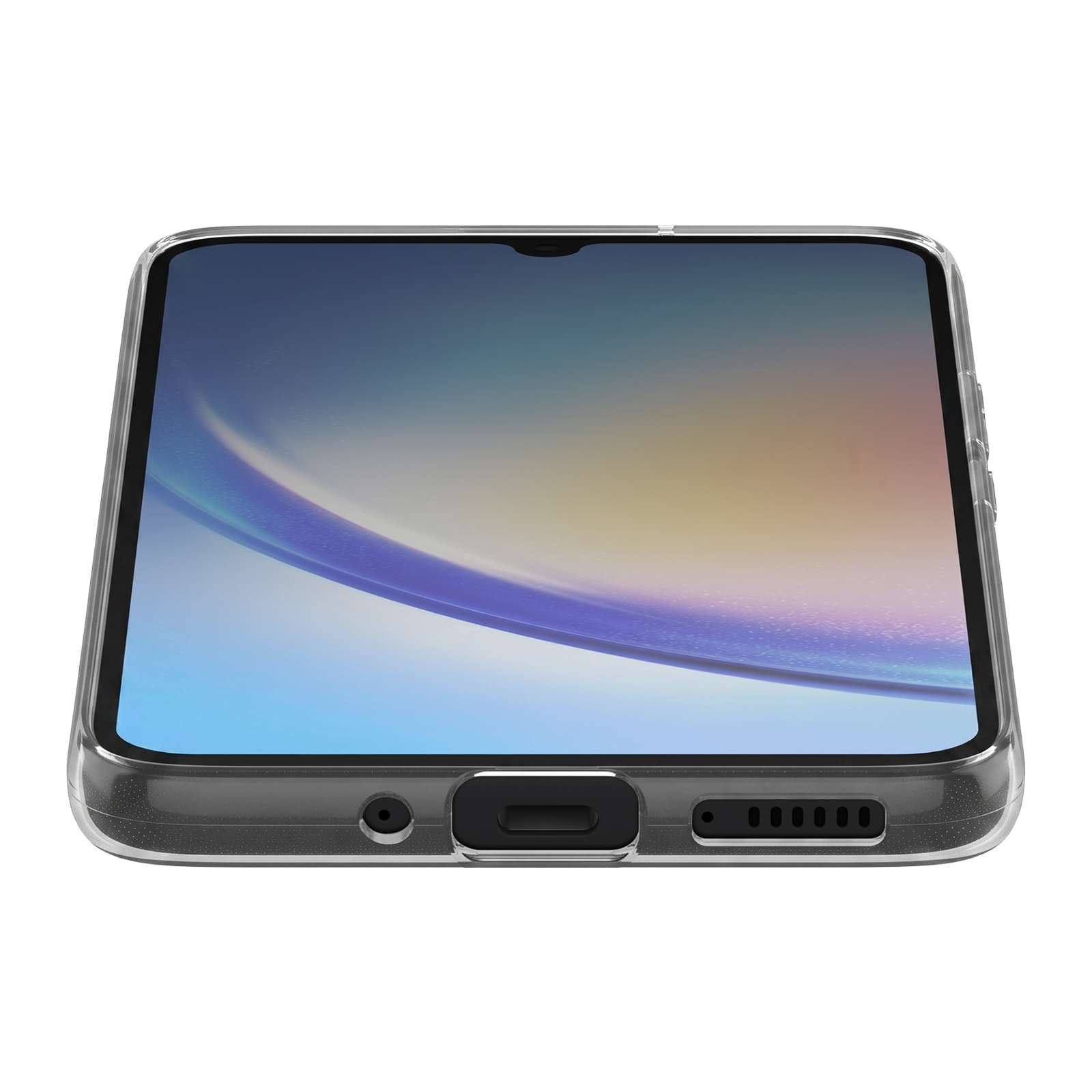 Ein Smartphone in einer durchsichtigen Hülle von unten, mit Ladeanschluss, Lautsprecher und Mikrofon.
