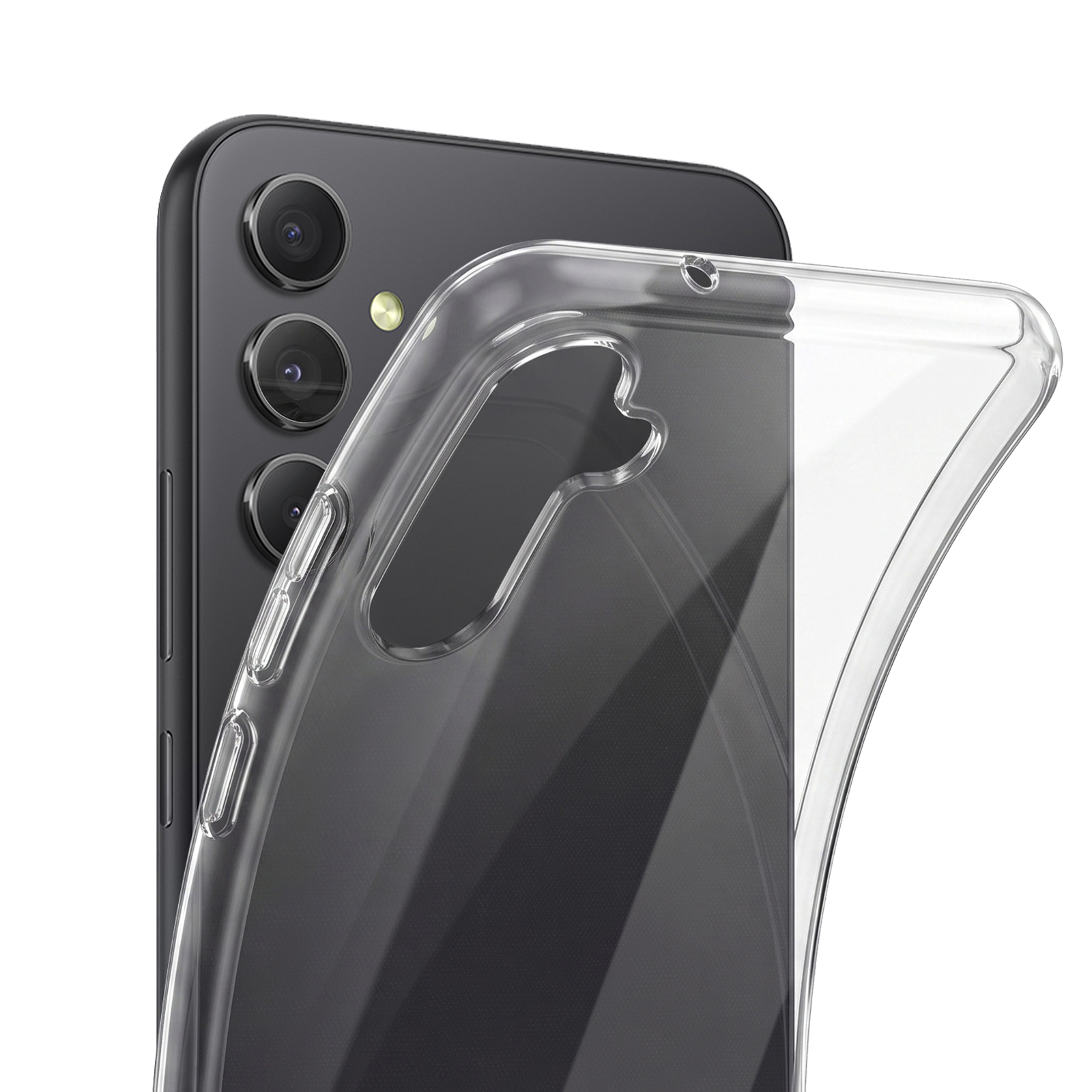 Schwarzes Smartphone mit drei Rückkameras und einer flexiblen, klaren Schutzhülle.