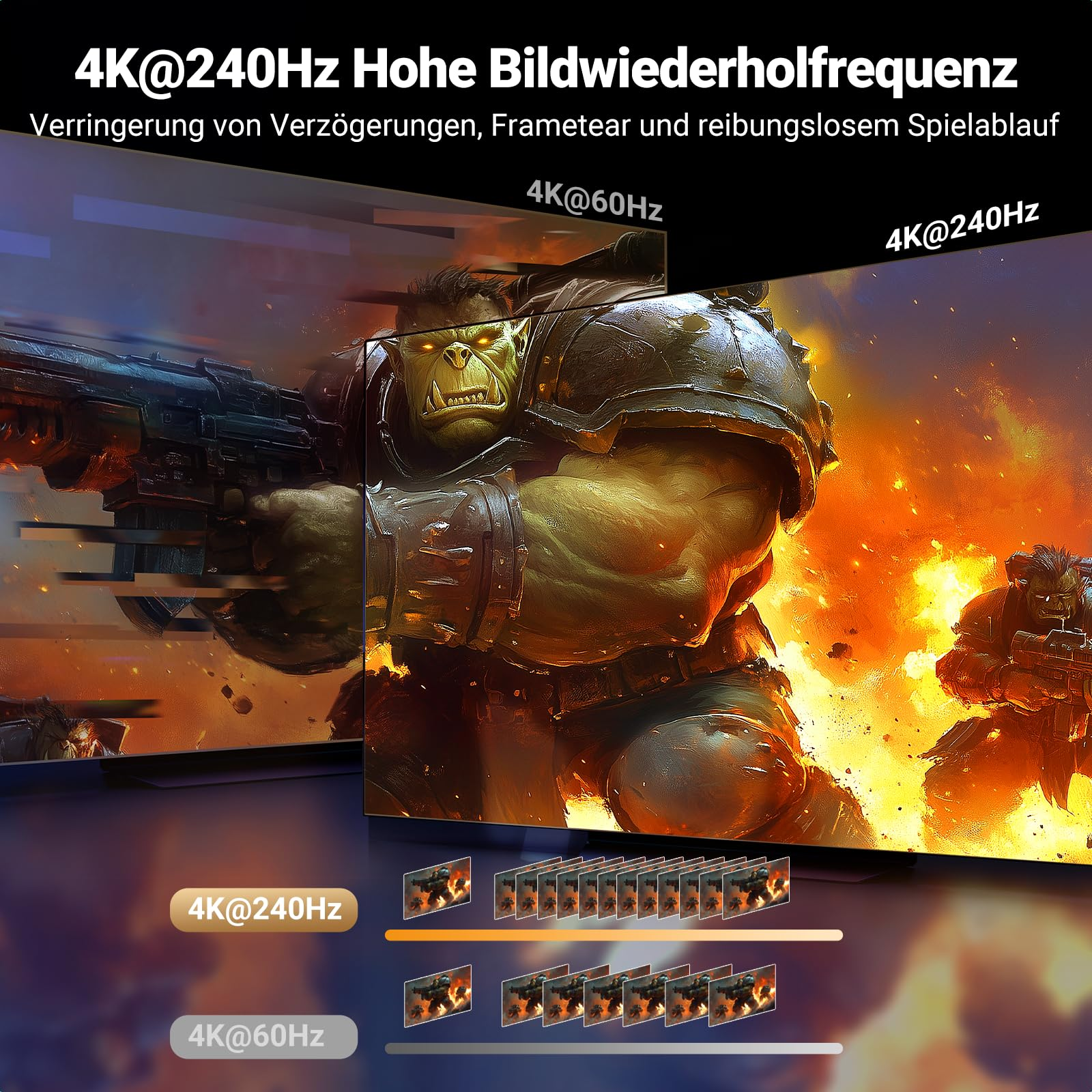Comparaison entre 4K à 60Hz et 4K à 240Hz avec une scène de jeu d'orc.