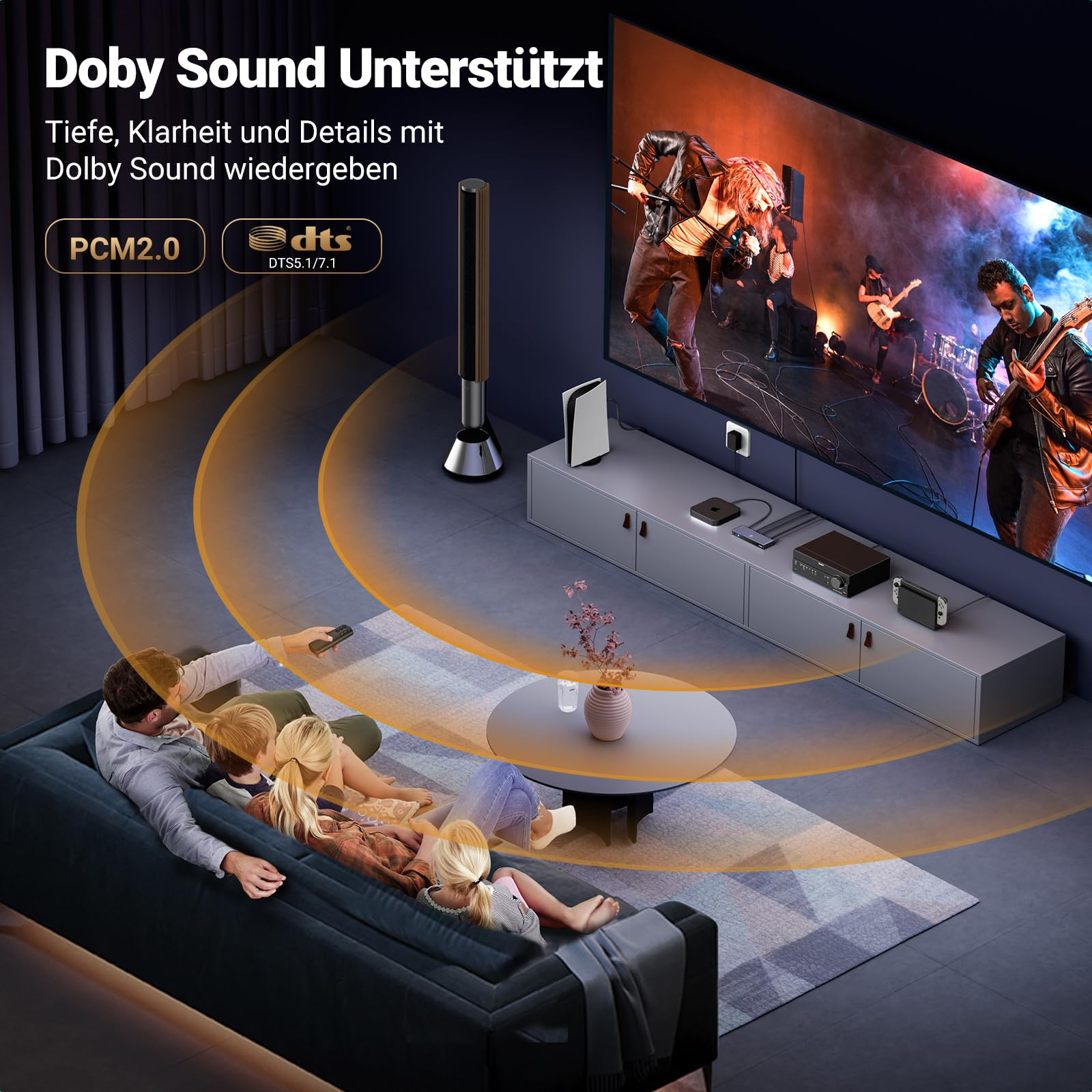 Une famille regarde un concert sur une grande télé avec des ondes sonores Dolby.