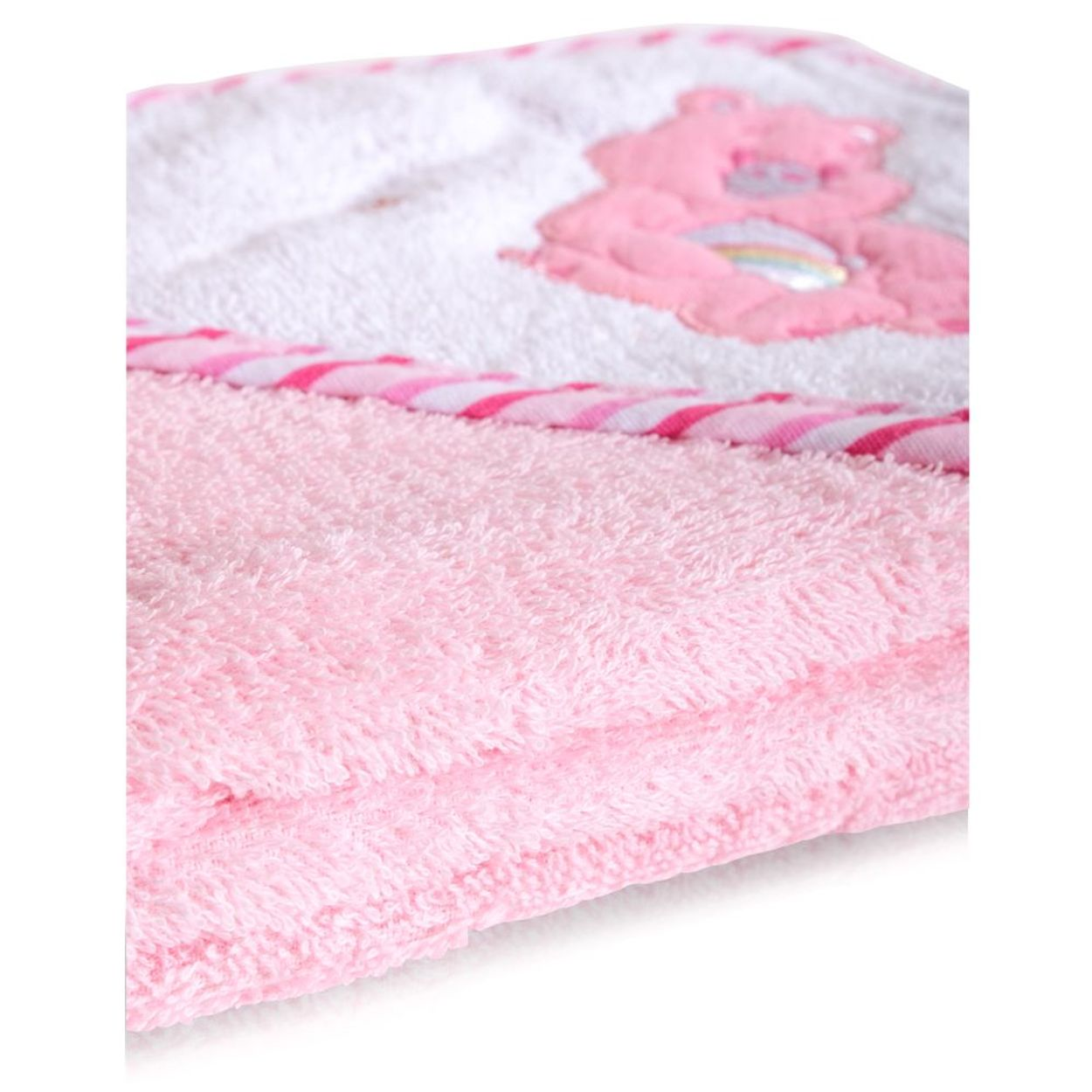 Ein weiches, gefaltetes rosa Handtuch mit einem gestickten Bären auf dem weißen Teil und einem gestreiften Rand.