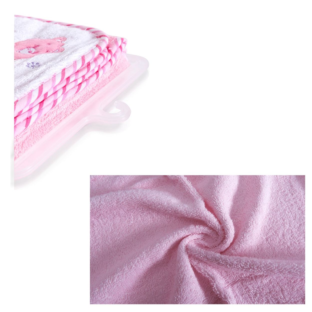 Gefaltete rosa Handtücher auf einem Plastikbügel und Nahaufnahme des weichen rosa Stoffes.