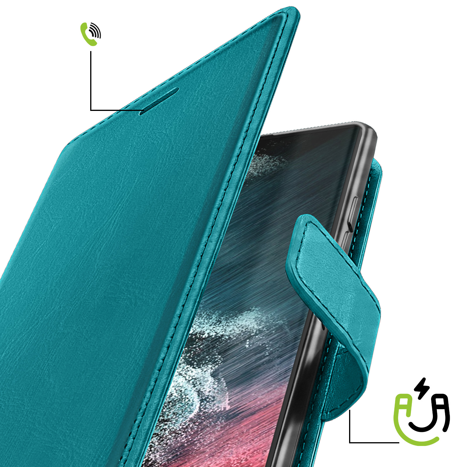 Türkisfarbene Leder-Klapphülle für ein Smartphone mit sichtbarem Bildschirm und Magnetverschluss auf weißem Hintergrund.