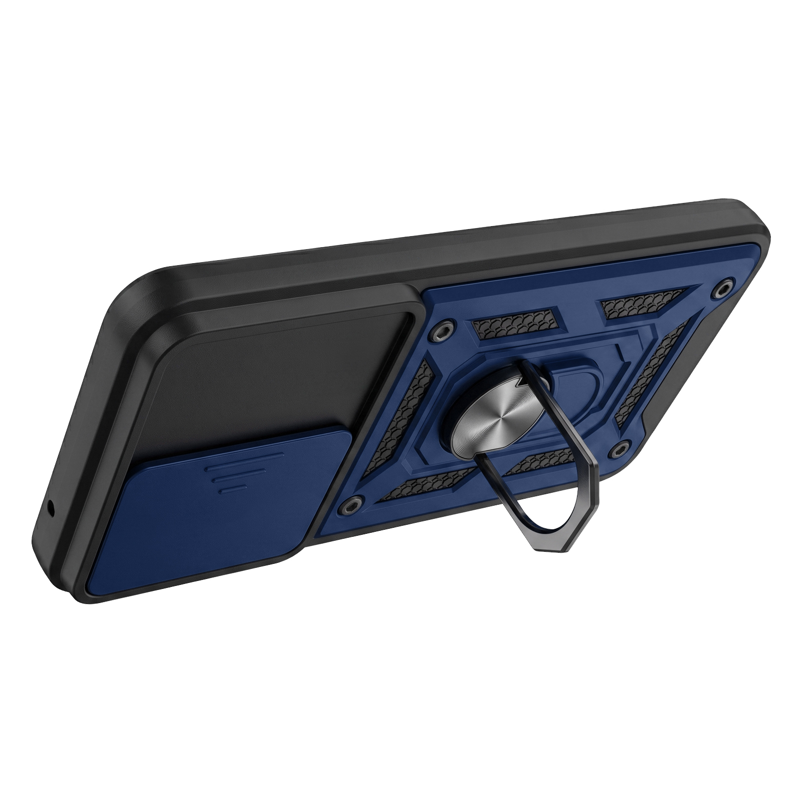 Schwarze und blaue Smartphone-Schutzhülle mit integriertem Metallring-Ständer auf der Rückseite.