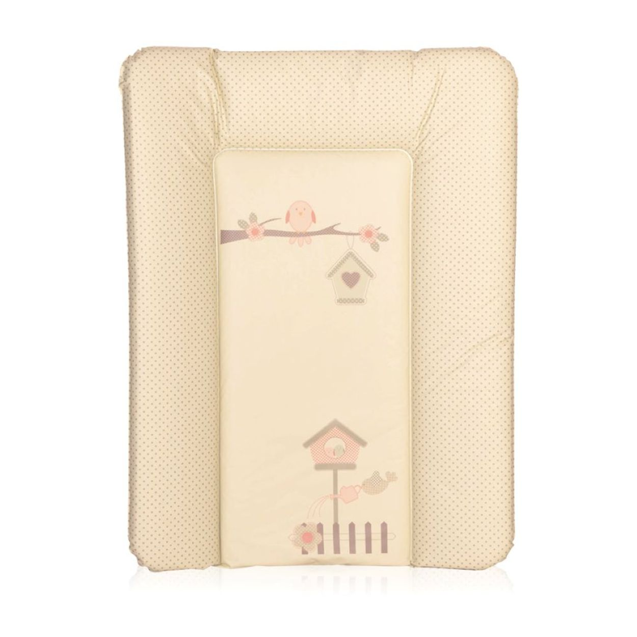 Beige Wickelunterlage mit braunen Punkten, verziert mit einem rosa Vogel, Vogelhäuschen und Blumenmuster in der Mitte.