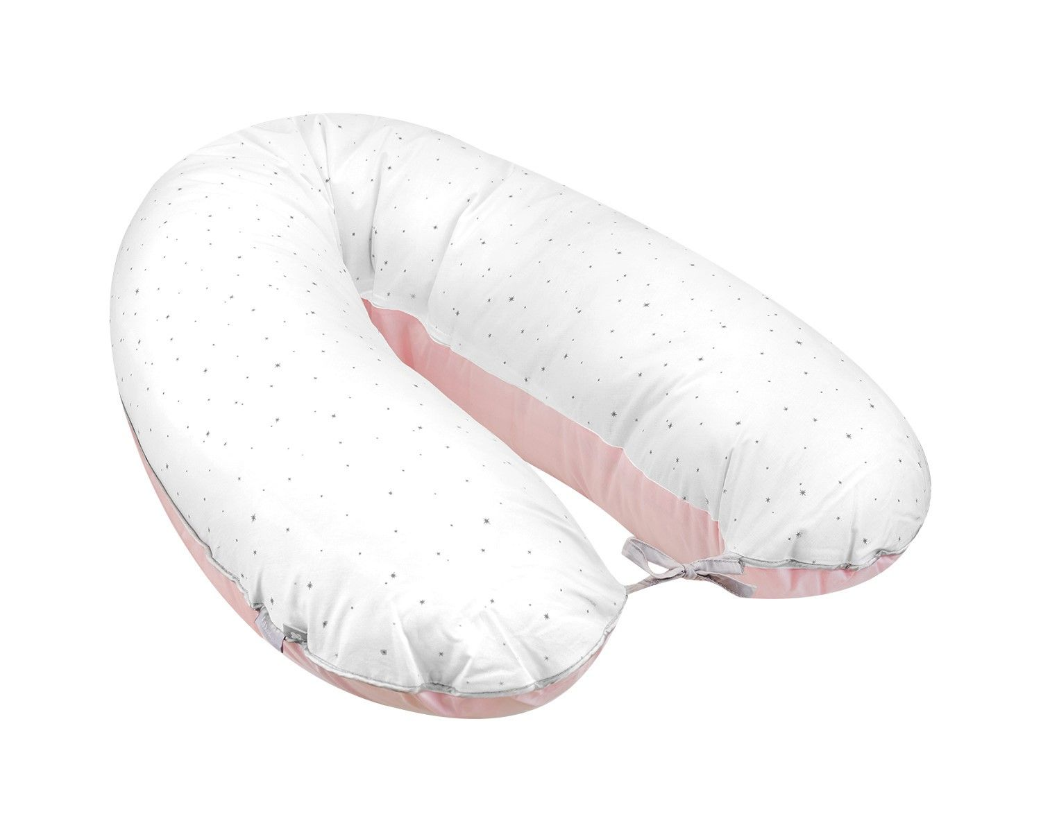 Ein hufeisenförmiges Stillkissen, oben weiß mit grauen Sternen und an den Seiten rosa, unten mit grauen Bändern gebunden.