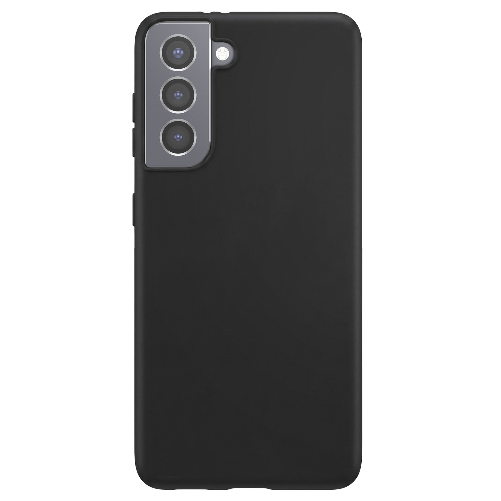 Ein schlichtes schwarzes Smartphone mit dreifacher Kameralinse oben links auf der Rückseite.