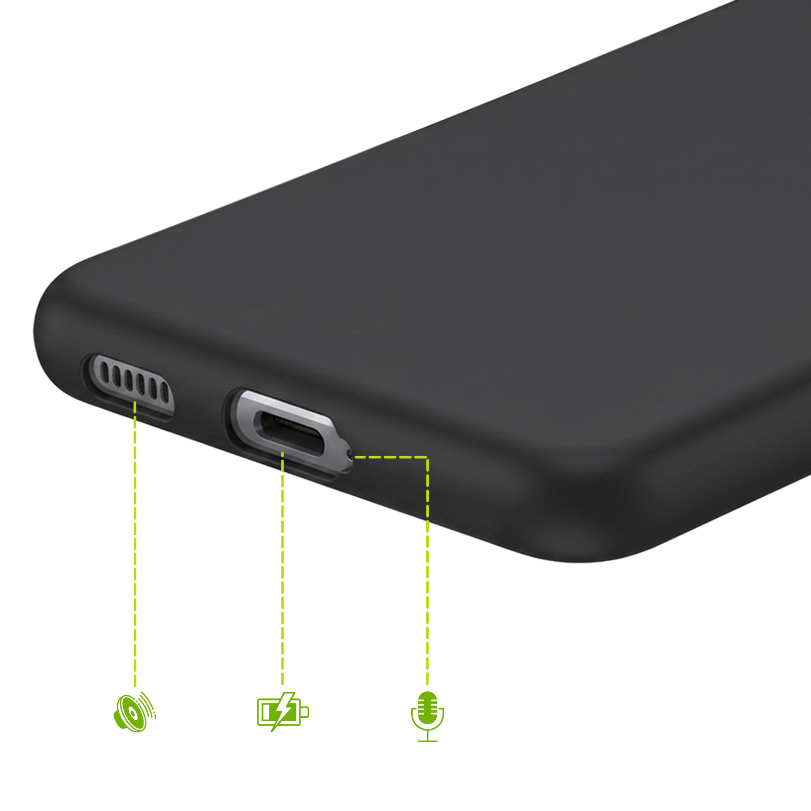 Unterseite eines schwarzen Smartphones mit USB-C-Anschluss, Lautsprecher und Mikrofon.