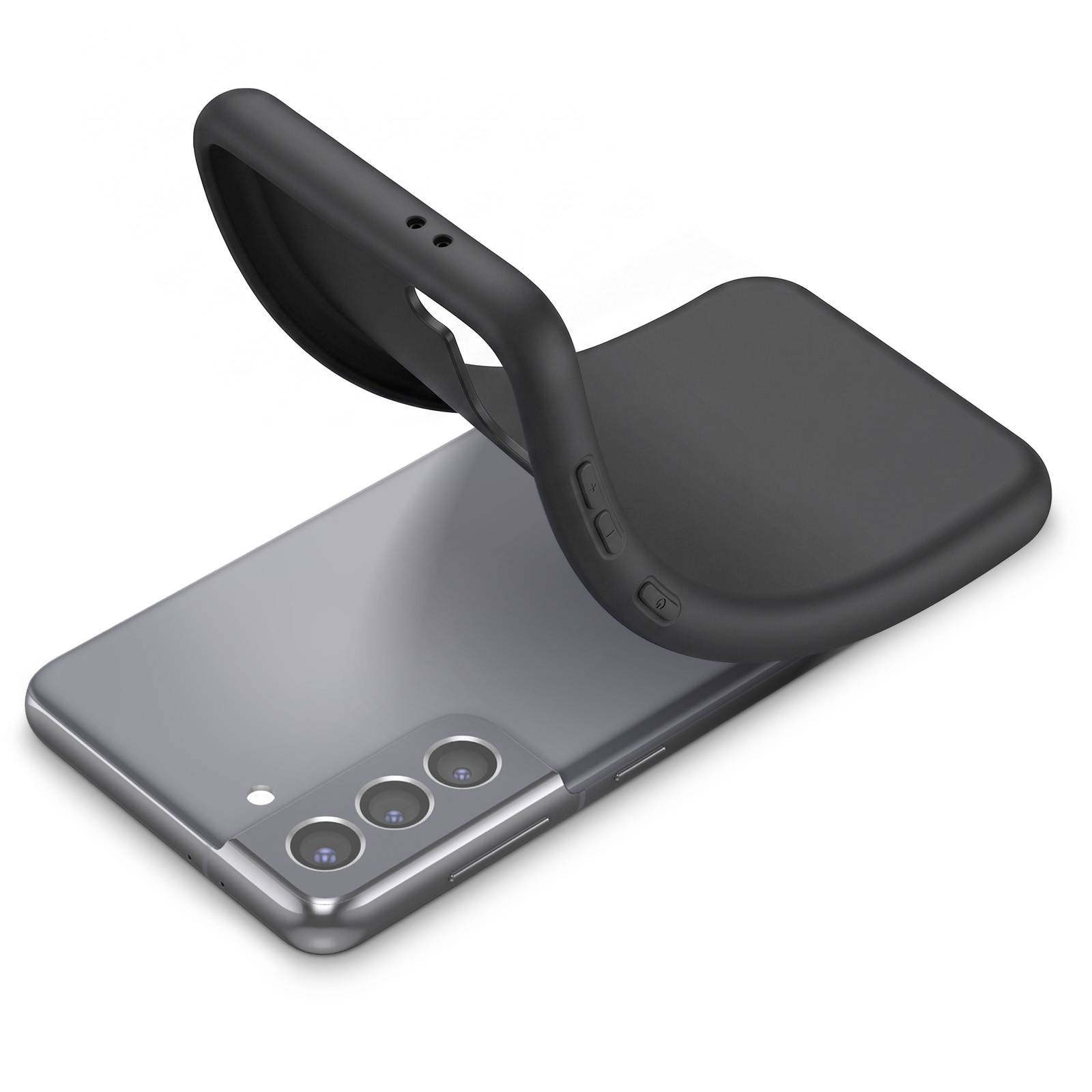 Ein graues Smartphone mit dreifacher Kamera wird in ein flexibles schwarzes Case gesteckt.