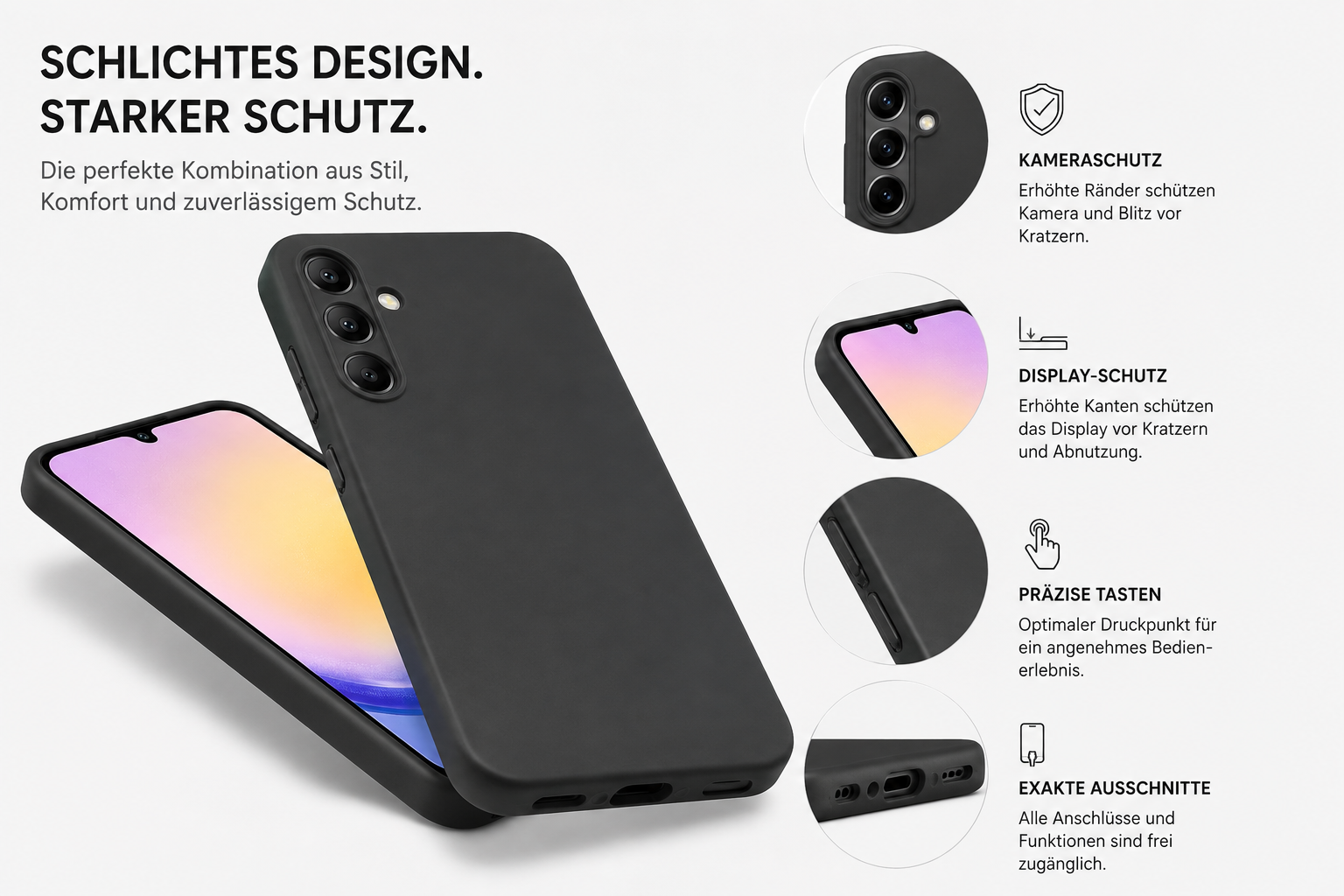 Schwarze Schutzhülle für Smartphones mit Funktionen wie Kameraschutz, Display-Schutz, Tasten und Ausschnitten.
