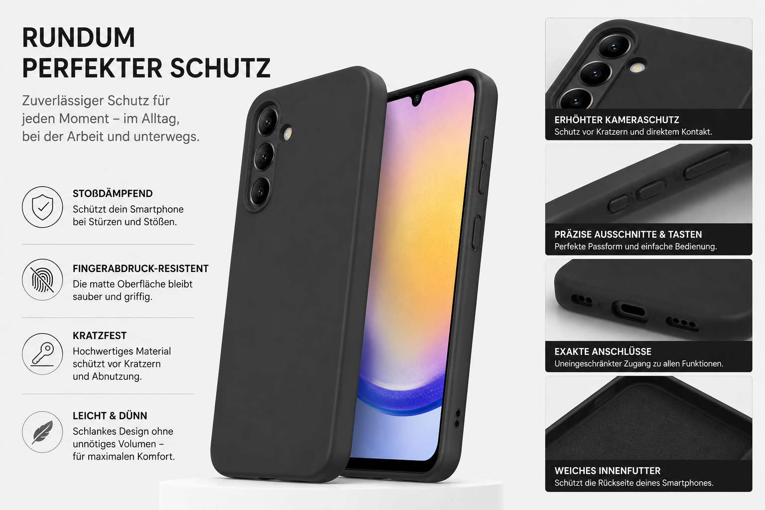 Schwarze Schutzhülle für Smartphones mit Funktionen wie Kameraschutz, präzisen Ausschnitten und weichem Innenfutter.