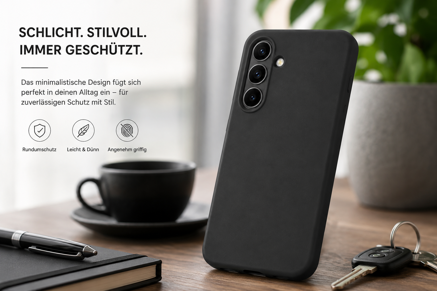Schwarze Schutzhülle für ein Smartphone auf einem Holztisch, daneben Notizbuch, Kaffeetasse und Schlüssel.