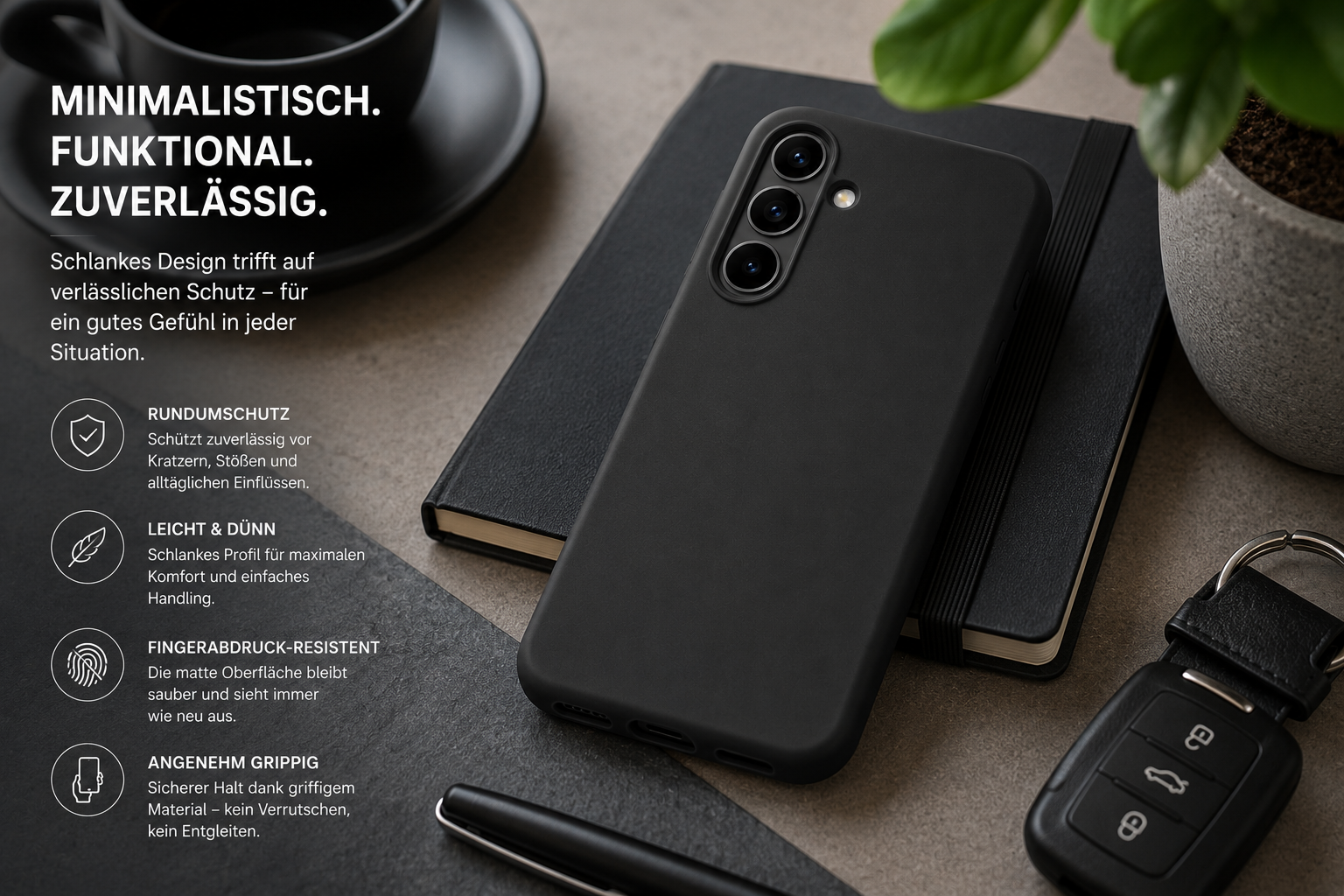 Ein schwarzes Smartphone in Schutzhülle auf Notizbuch, mit Text, Kaffeetasse, Stift und Autoschlüssel.
