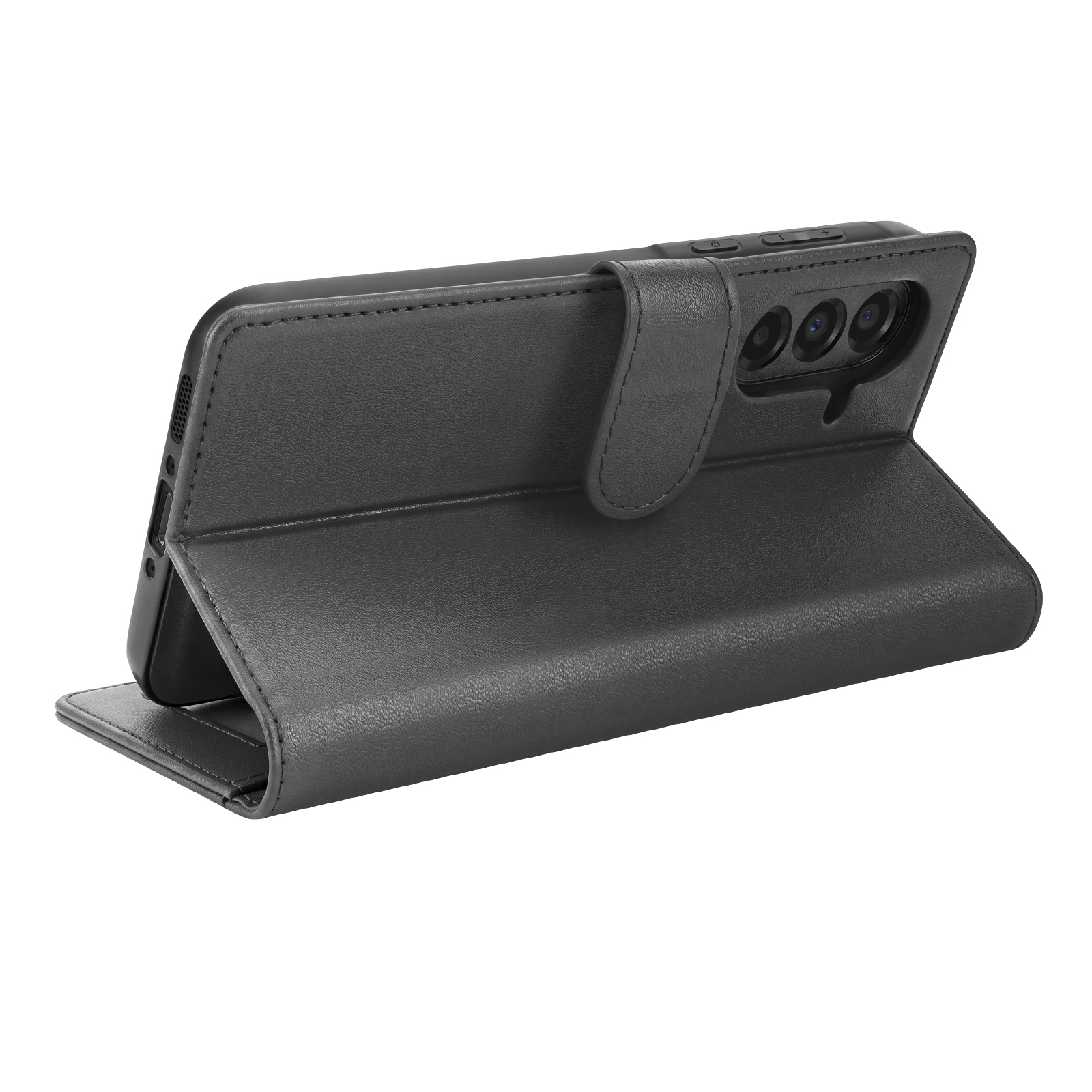 Eine schwarze Leder-Handyhülle im Wallet-Stil steht auf einer weißen Oberfläche und zeigt die Rückseite und die Kameras.