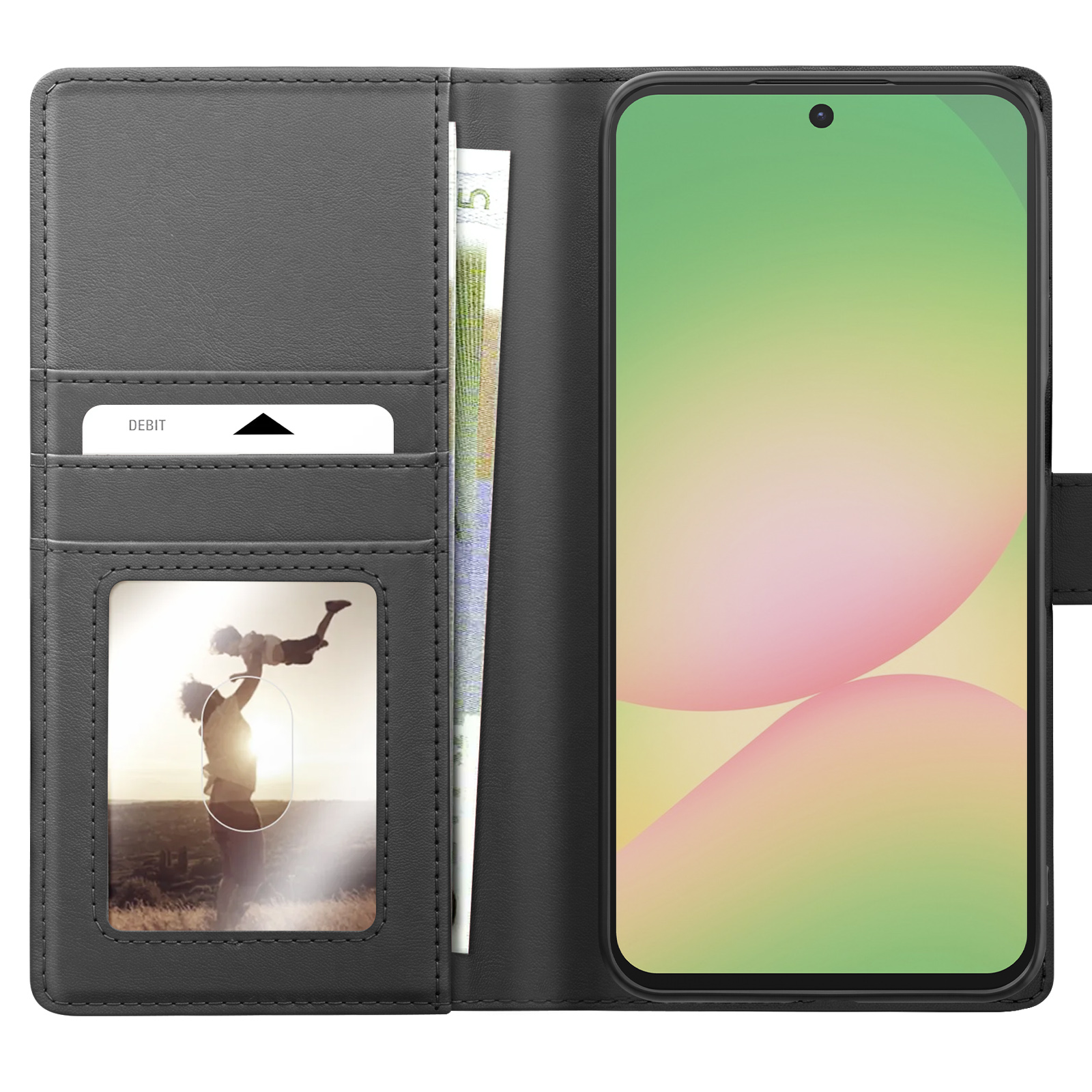 Eine schwarze Smartphone-Ledertasche mit Karte, Geldschein, Foto und Telefon.