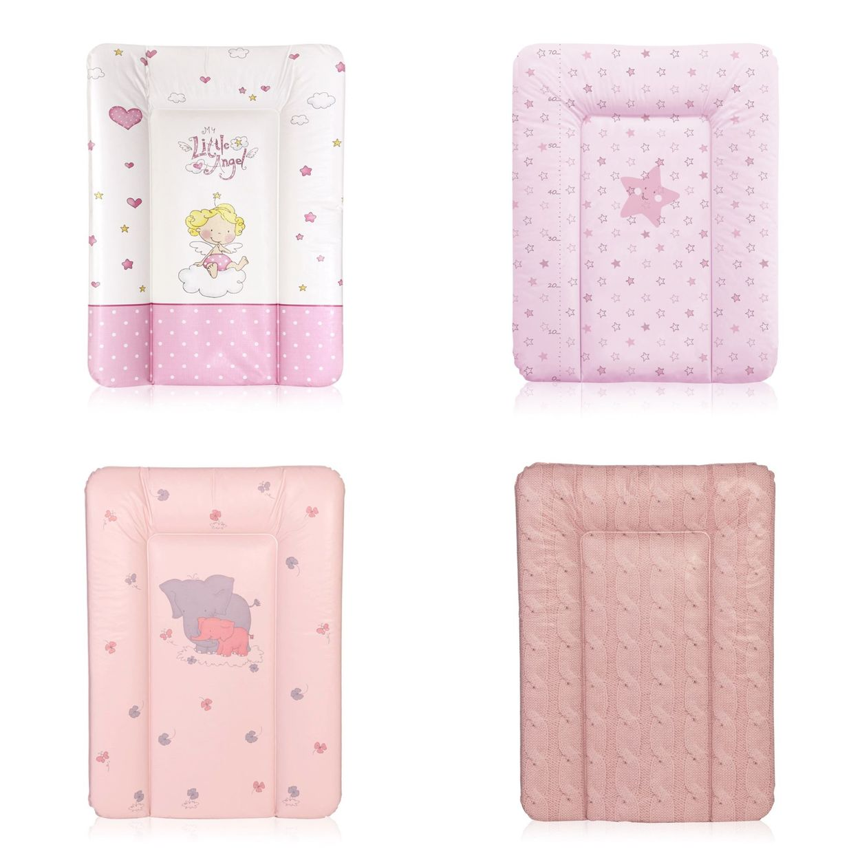 Vier rosa Wickelauflagen mit verschiedenen Mustern wie Engel, Sternen, Elefanten und Strickstruktur.