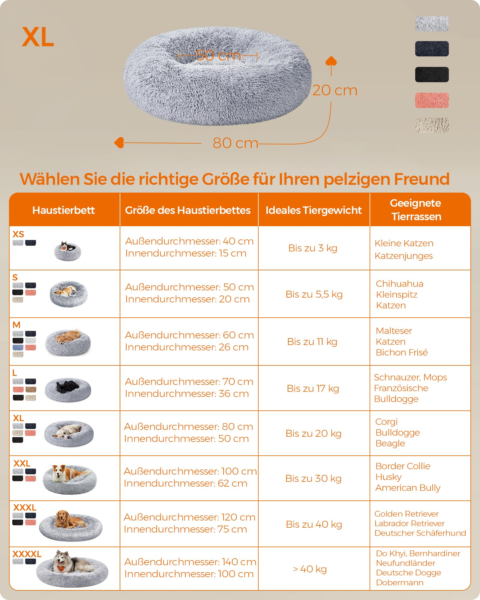 Guide des tailles pour un lit douillet gris pour animaux avec dimensions et races adaptées.