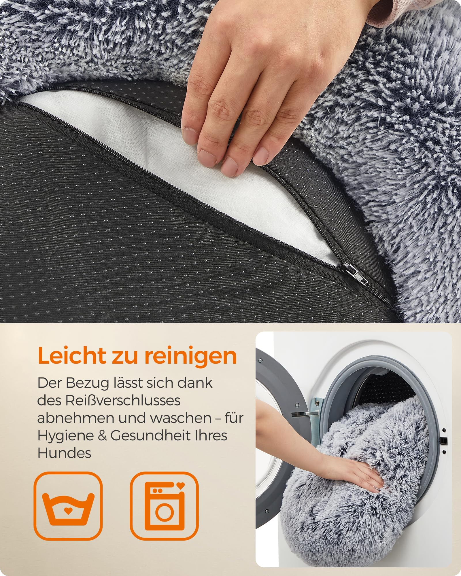 Une main ouvre la fermeture d'un lit pour chien gris; une photo montre le lit dans un lave-linge.