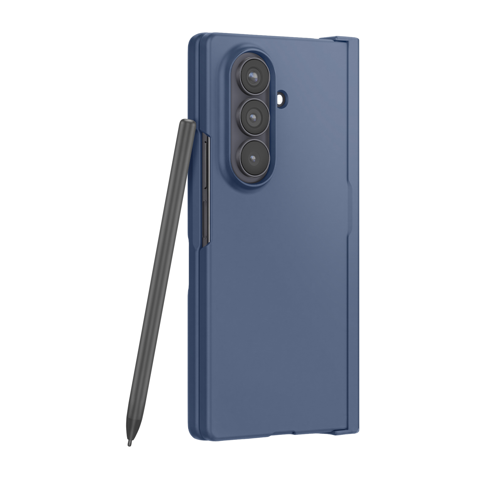 Ein blaues Smartphone in einer Hülle mit Dreifachkamera und einem dunklen Stift daneben.