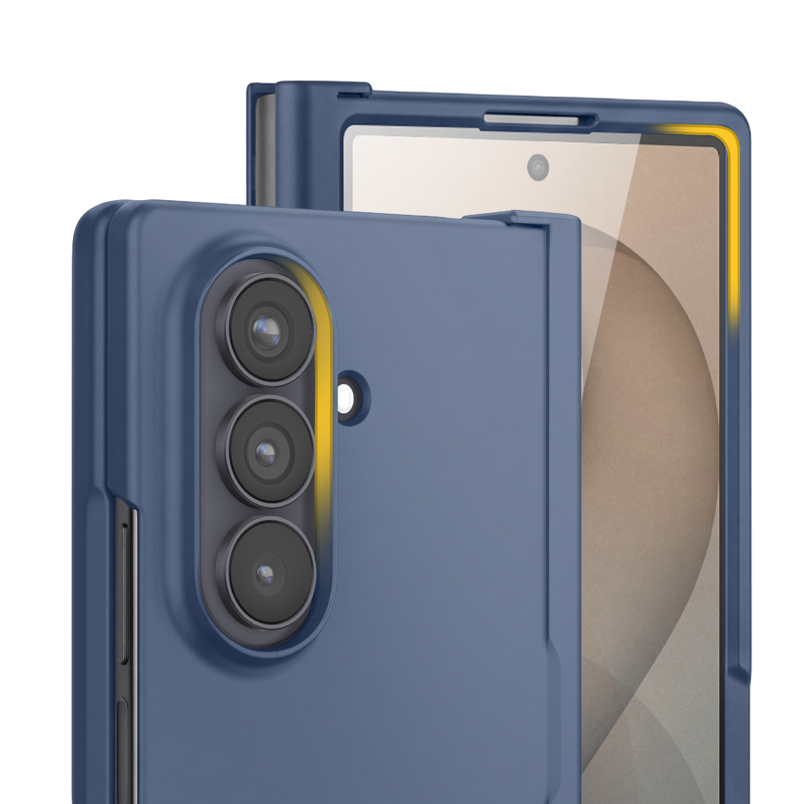 Eine blaue Smartphone-Hülle mit vertikalem Dreifach-Kameramodul auf der Rückseite, vor weißem Hintergrund.