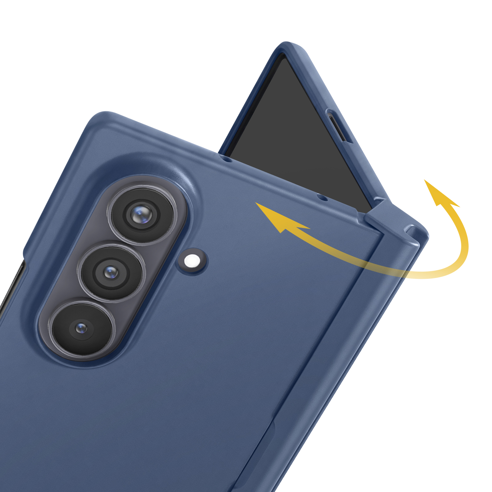 Ein dunkelblaues klappbares Smartphone mit drei Kameralinsen auf der Rückseite und einem gelben Pfeil.