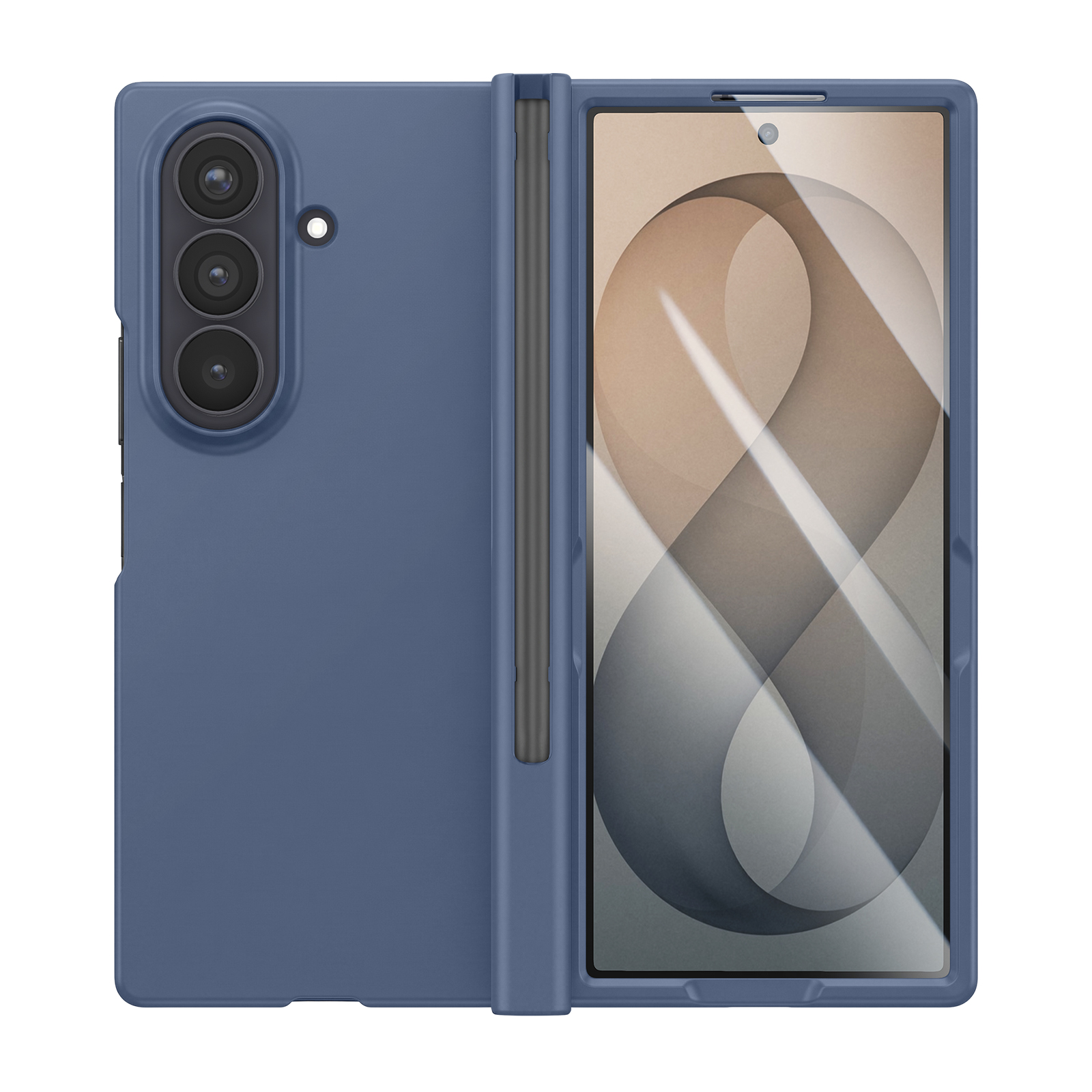 Ein faltbares Smartphone in einer blauen Hülle mit drei Rückkameras, einem Stift und einem glänzenden Display.