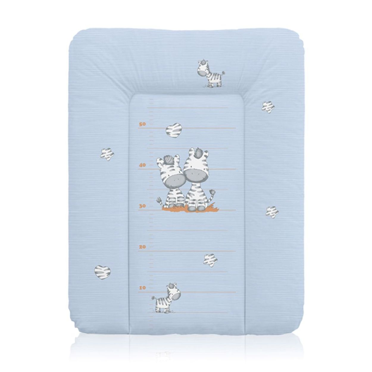 Blaue Wickelunterlage mit kleinen Zebras, Sternen und Maßeinheiten.