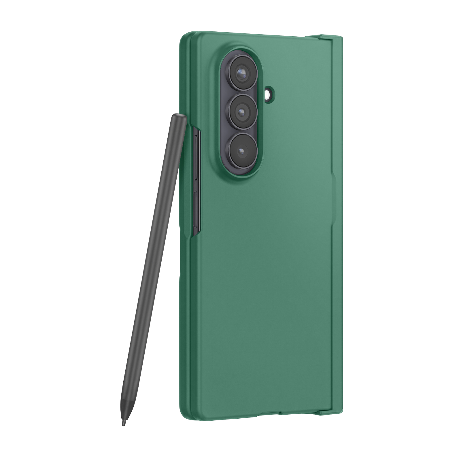 Eine grüne Handyhülle für ein Falttelefon mit vertikaler Dreifachkamera und einem Stift links.