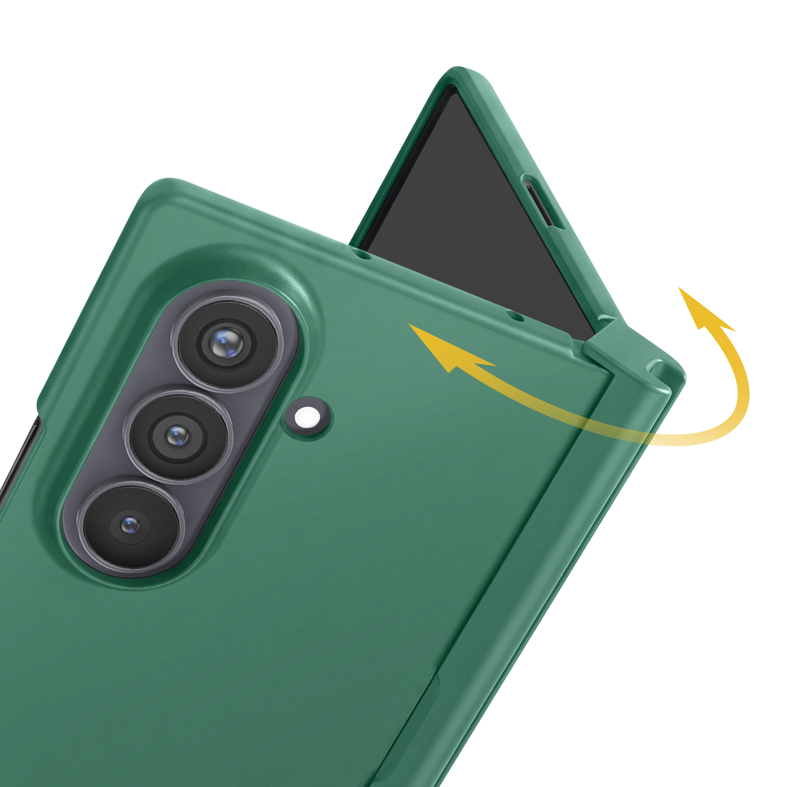 Grüne Klapphülle für Smartphones mit drei Kameraobjektiven und einem gelben Richtungspfeil auf weißem Grund.