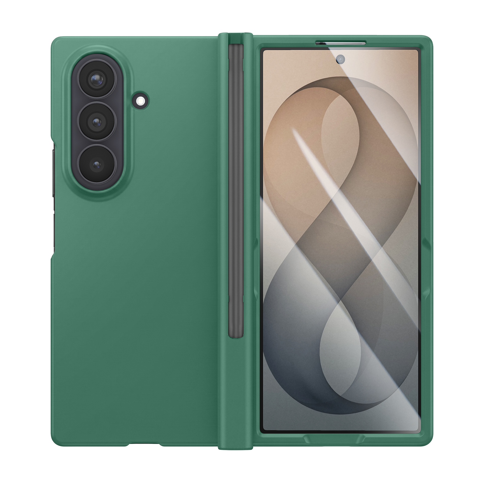 Grünes Foldable Smartphone mit dreifacher Kamera und Stift in Hülle.