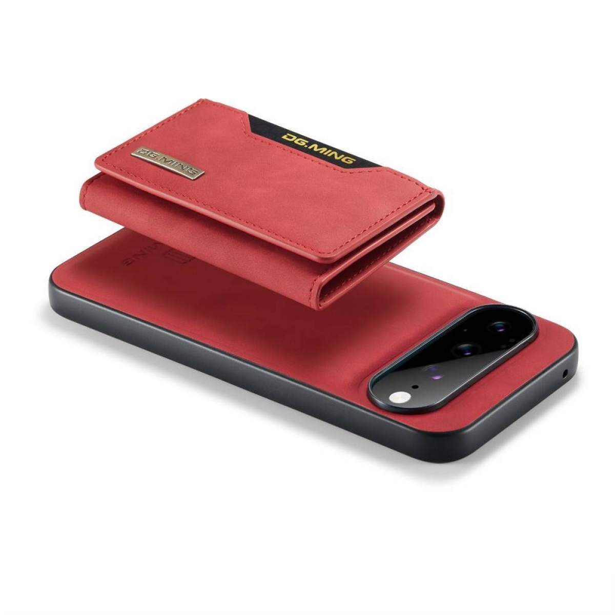 Rote Leder-Handyhülle mit abnehmbarer Kartenbrieftasche und Kameraausschnitt.
