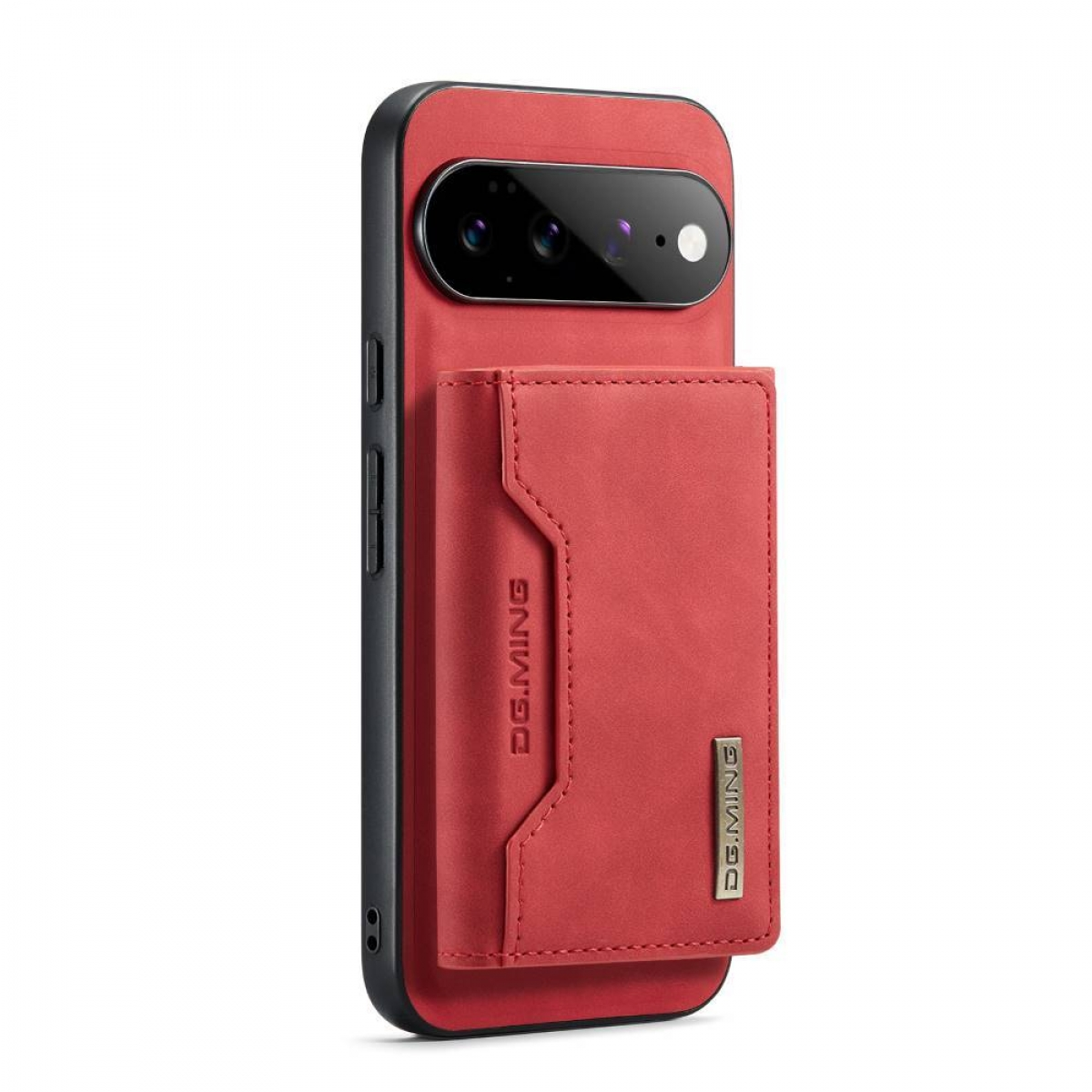 Ein rotes Smartphone in einer Hülle mit abnehmbarem Kartenhalter auf weißem Hintergrund.