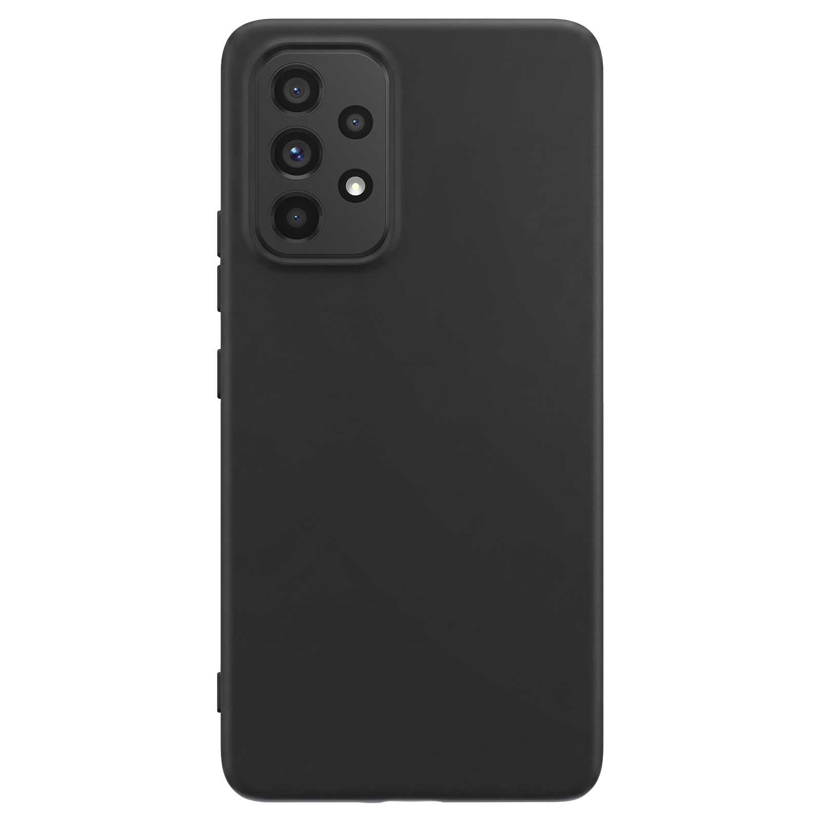 Rückansicht eines schwarzen Smartphones mit einer Vierfachkamera in einem erhöhten Modul.