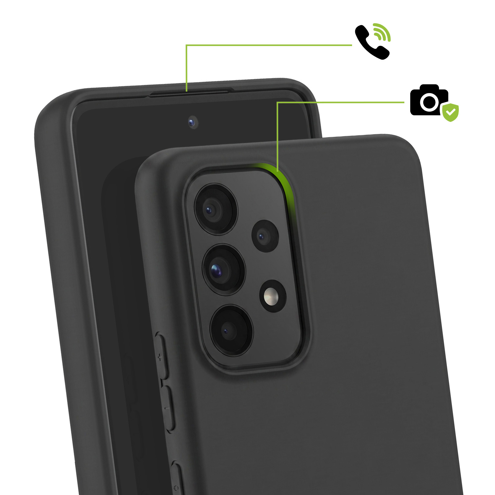 Schwarze Schutzhülle auf einem Smartphone mit Kamera- und Anrufsymbolen.