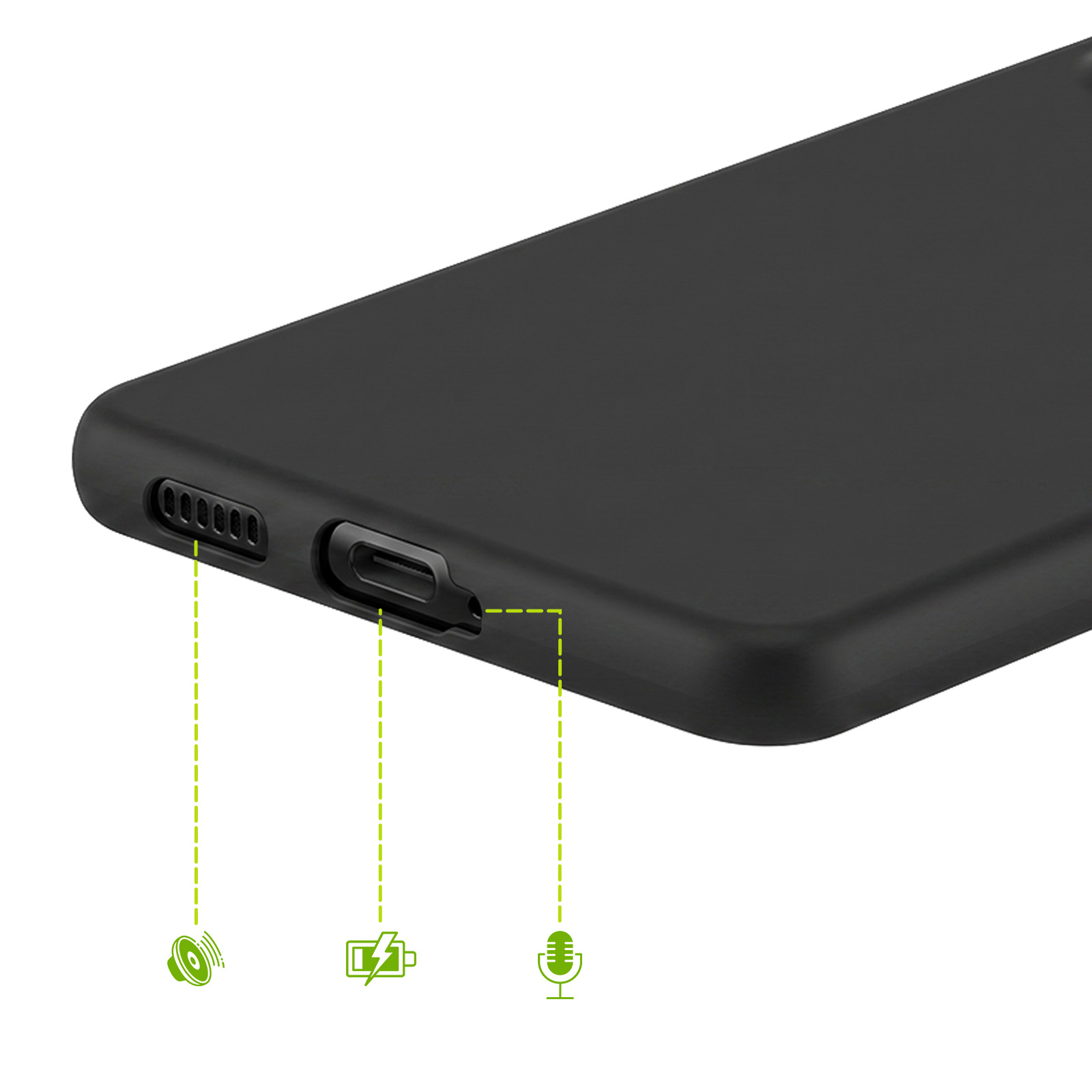 Unterseite eines schwarzen Smartphones mit grün markierten Lautsprecher-, Lade- und Mikrofonanzeigen.