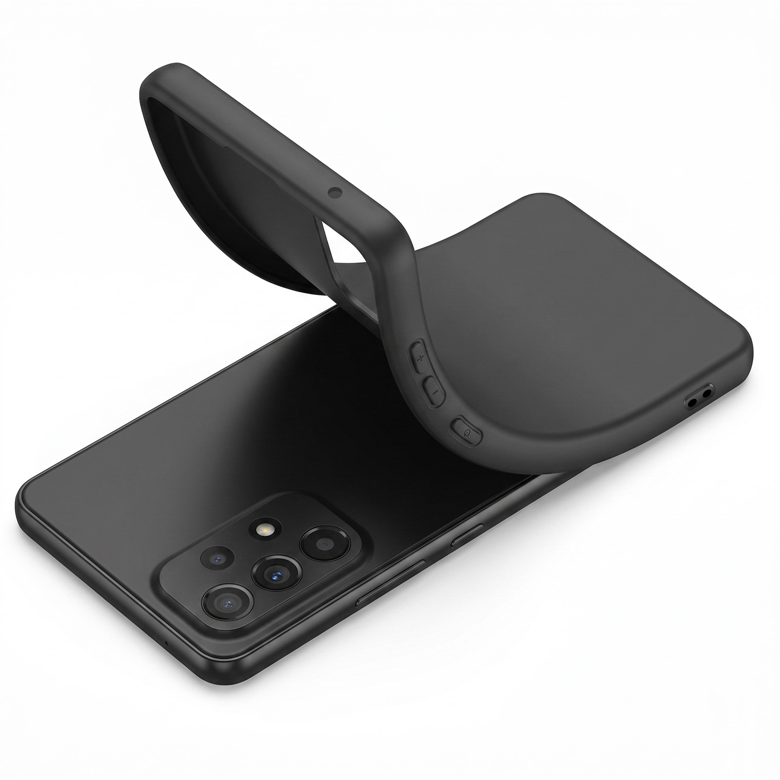 Ein schwarzes Smartphone liegt auf weißem Hintergrund, teilweise in einer flexiblen schwarzen Silikonhülle.