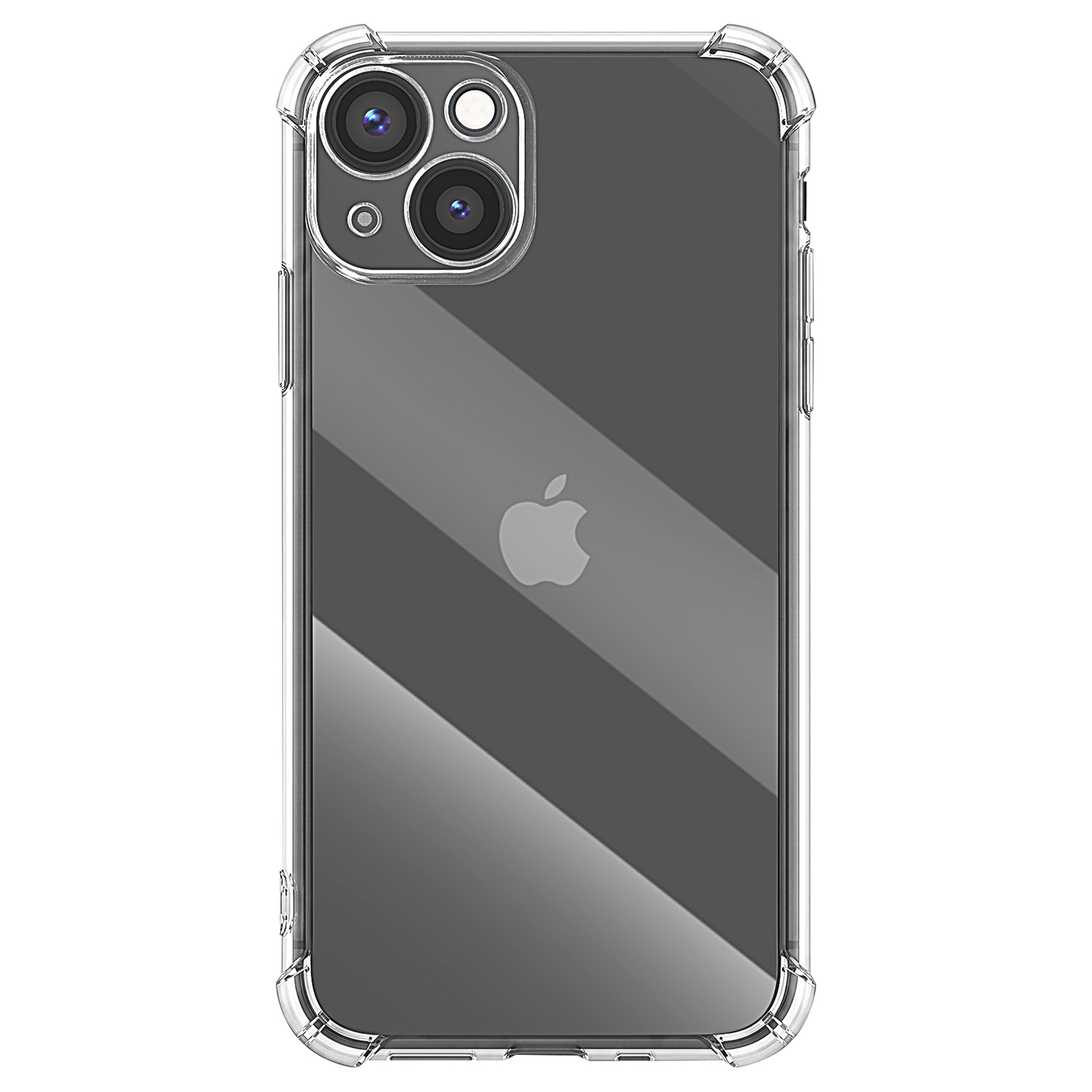 Eine transparente Schutzhülle auf der Rückseite eines dunklen iPhones mit Apple-Logo und Dual-Kamera.