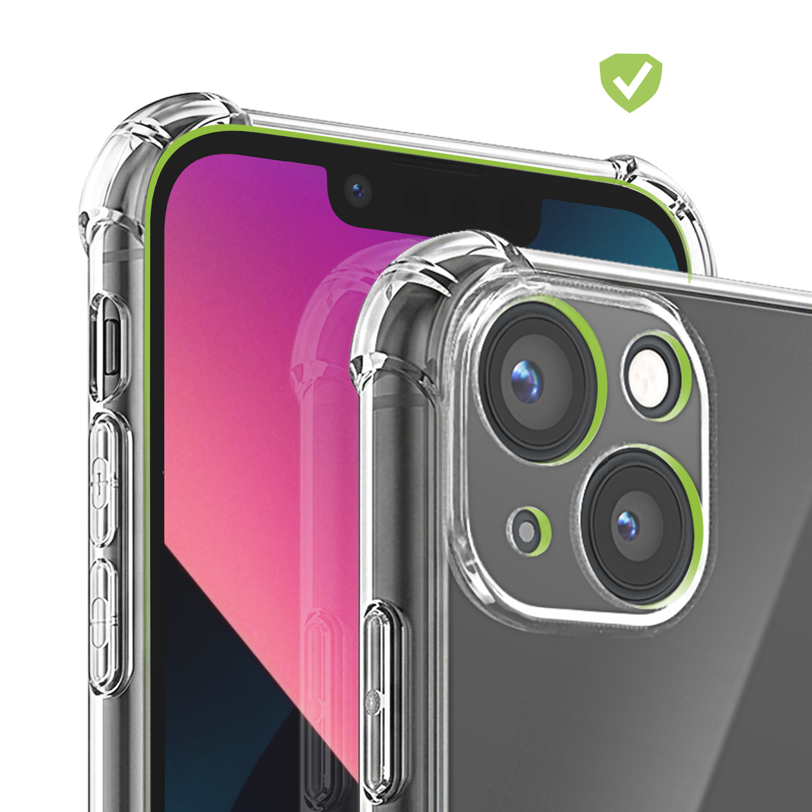 Ein Smartphone in einer klaren Schutzhülle mit verstärkten Eckstoßfängern und einem grünen Häkchen-Symbol.
