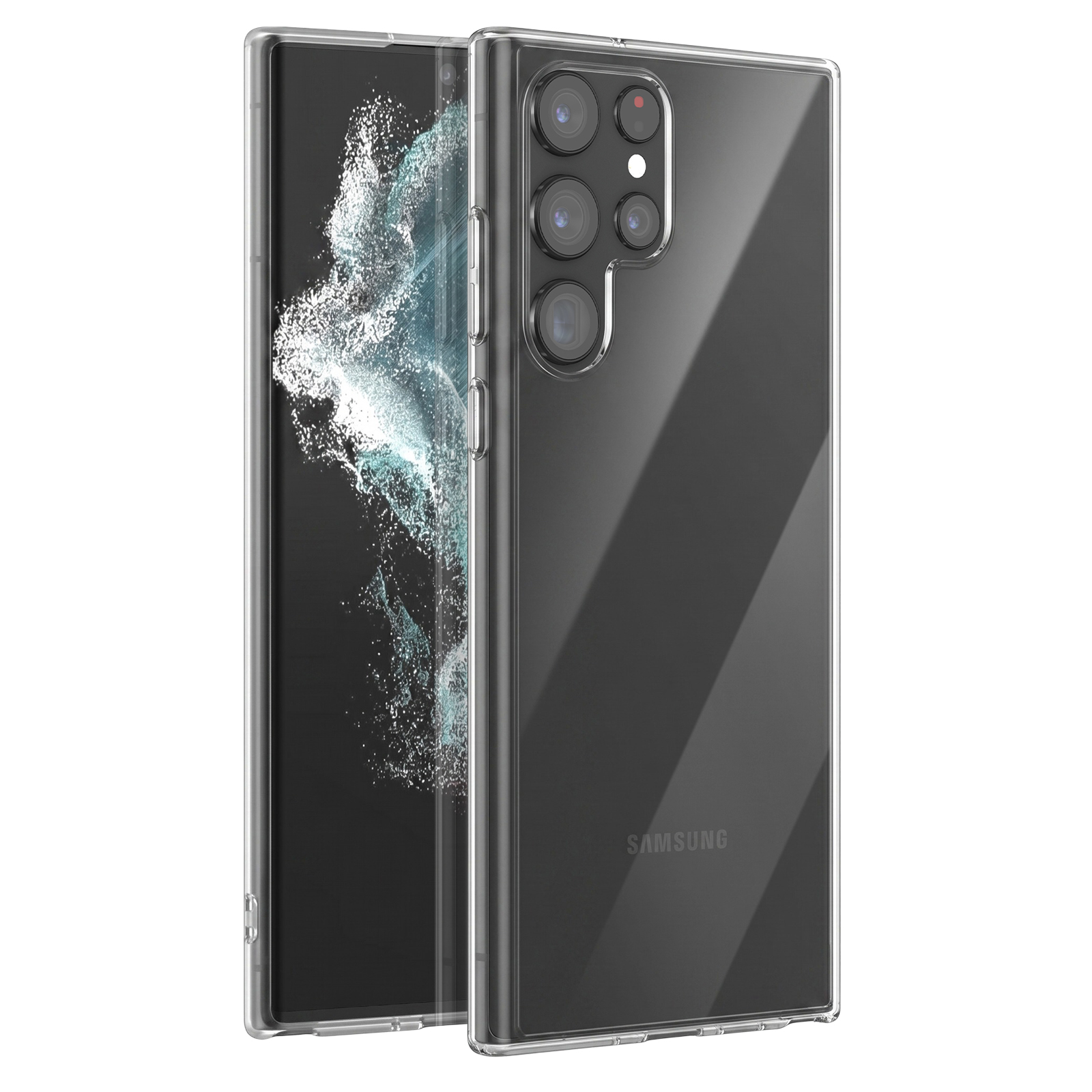 Ein Smartphone in einer klaren Schutzhülle, das die Rückseite mit mehreren Kameramessern und die Vorderseite zeigt.