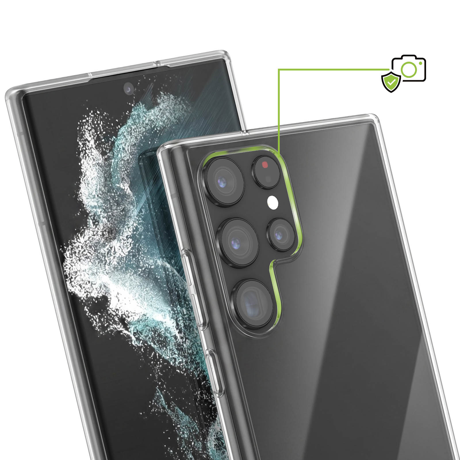 Smartphone in klarer Hülle mit Fokus auf den Kameraschutz und Kamerasymbol oben rechts.