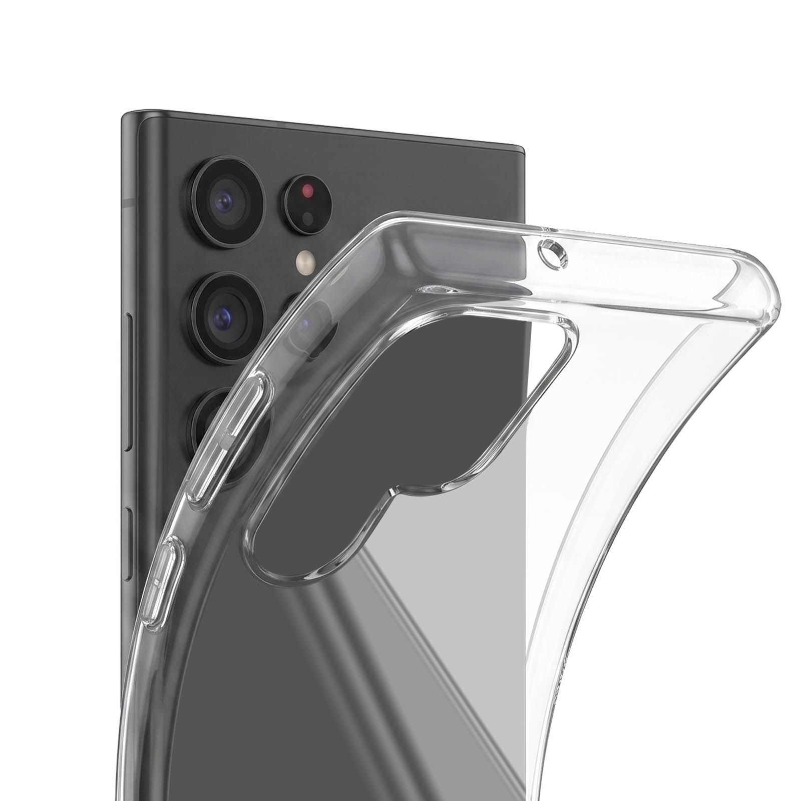 Eine Hand hält eine transparente Schutzhülle neben der Rückseite eines schwarzen Smartphones mit mehreren Kameras.