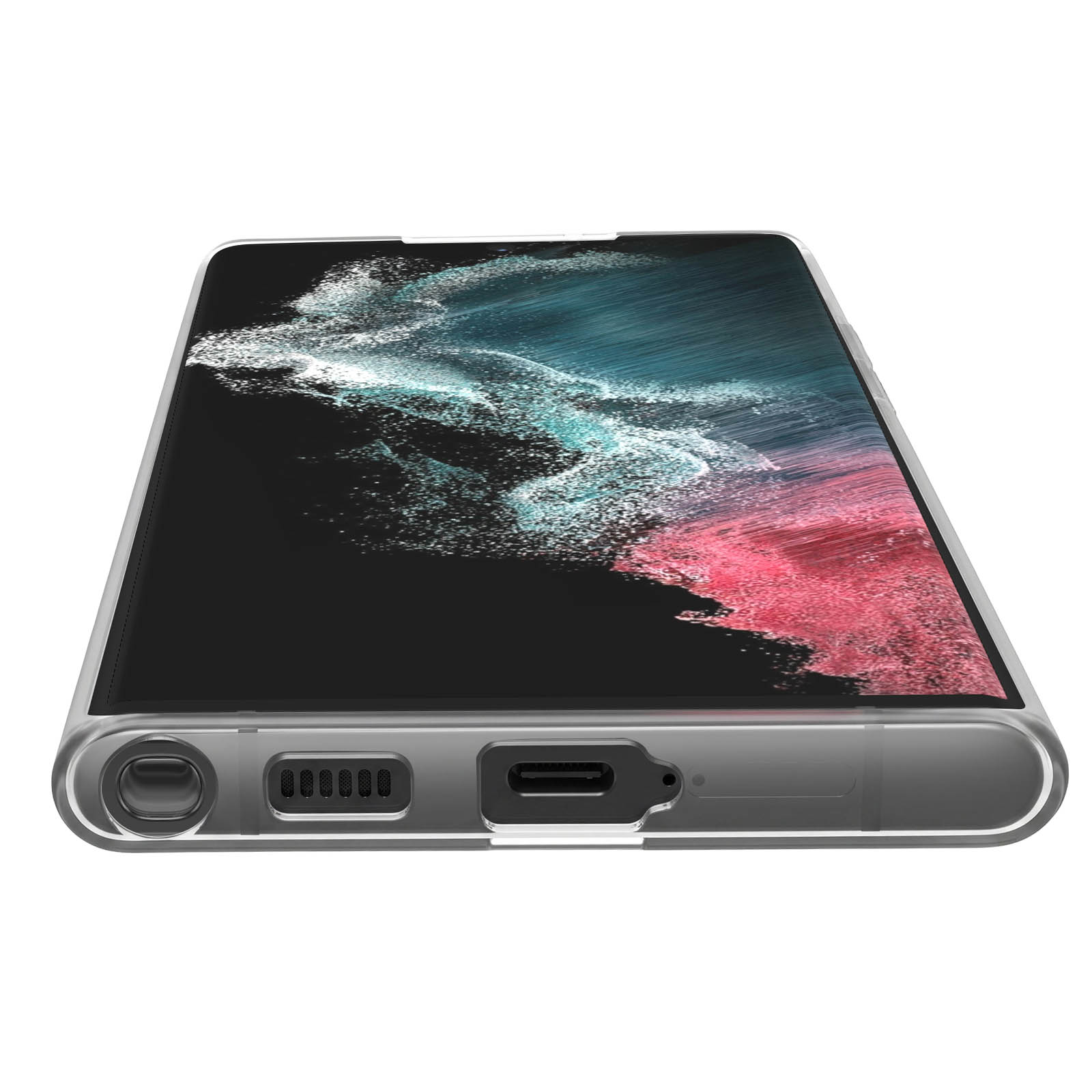 Unteransicht eines Smartphones in transparenter Hülle mit Stift, Lautsprecher und USB-C-Anschluss auf weißem Grund.