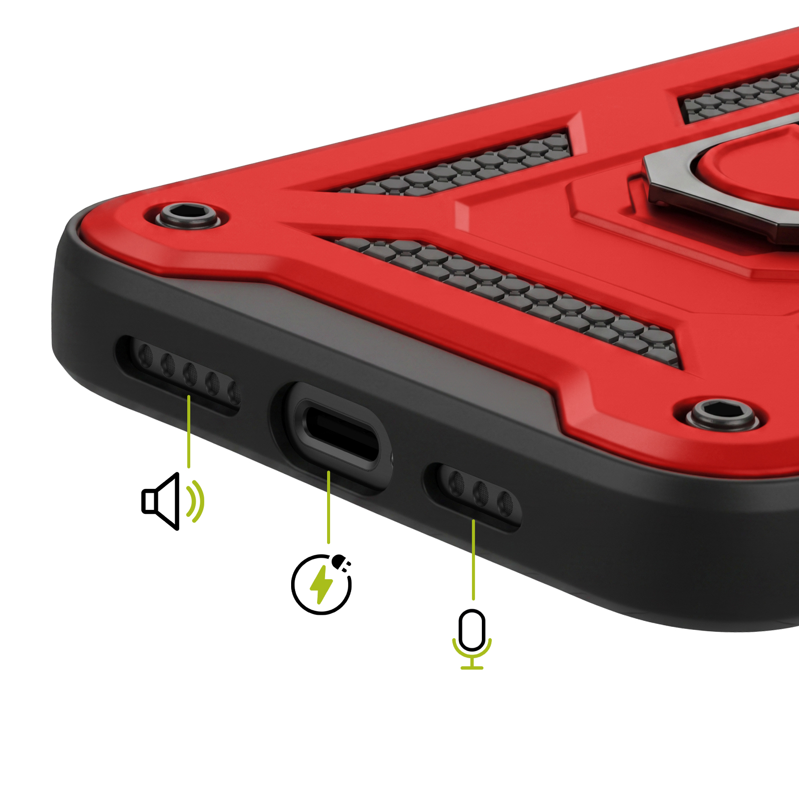 Nahaufnahme der Unterseite einer rot-schwarzen Smartphone-Hülle mit Lautsprecher, Ladeanschluss und Mikrofon.