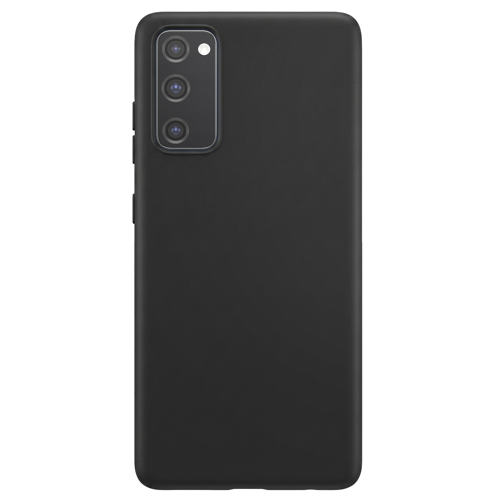Rückseite eines schwarzen Smartphones mit einer senkrechten dreifachen Kameramöglichkeit.