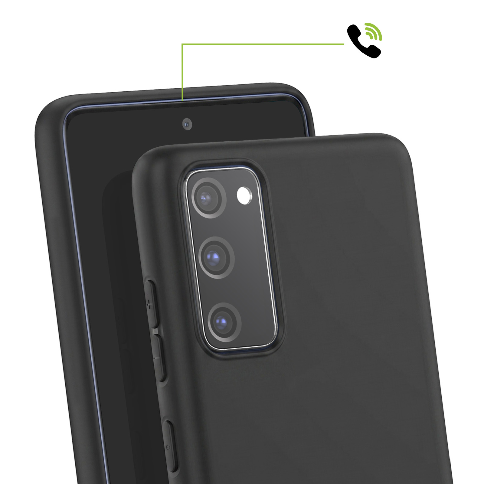 Zwei schwarze Smartphones mit Schutzhülle, eins zeigt die Vorderseite mit einem Anrufsymbol, das andere die Rückkamera.